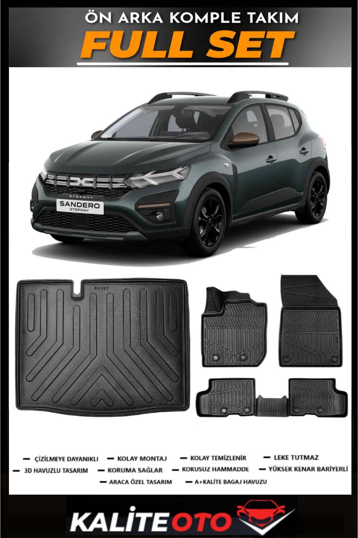 Dacia Sandero Bagaj Havuzu+4.5D Havuzlu Paspas Seti 2023 Model