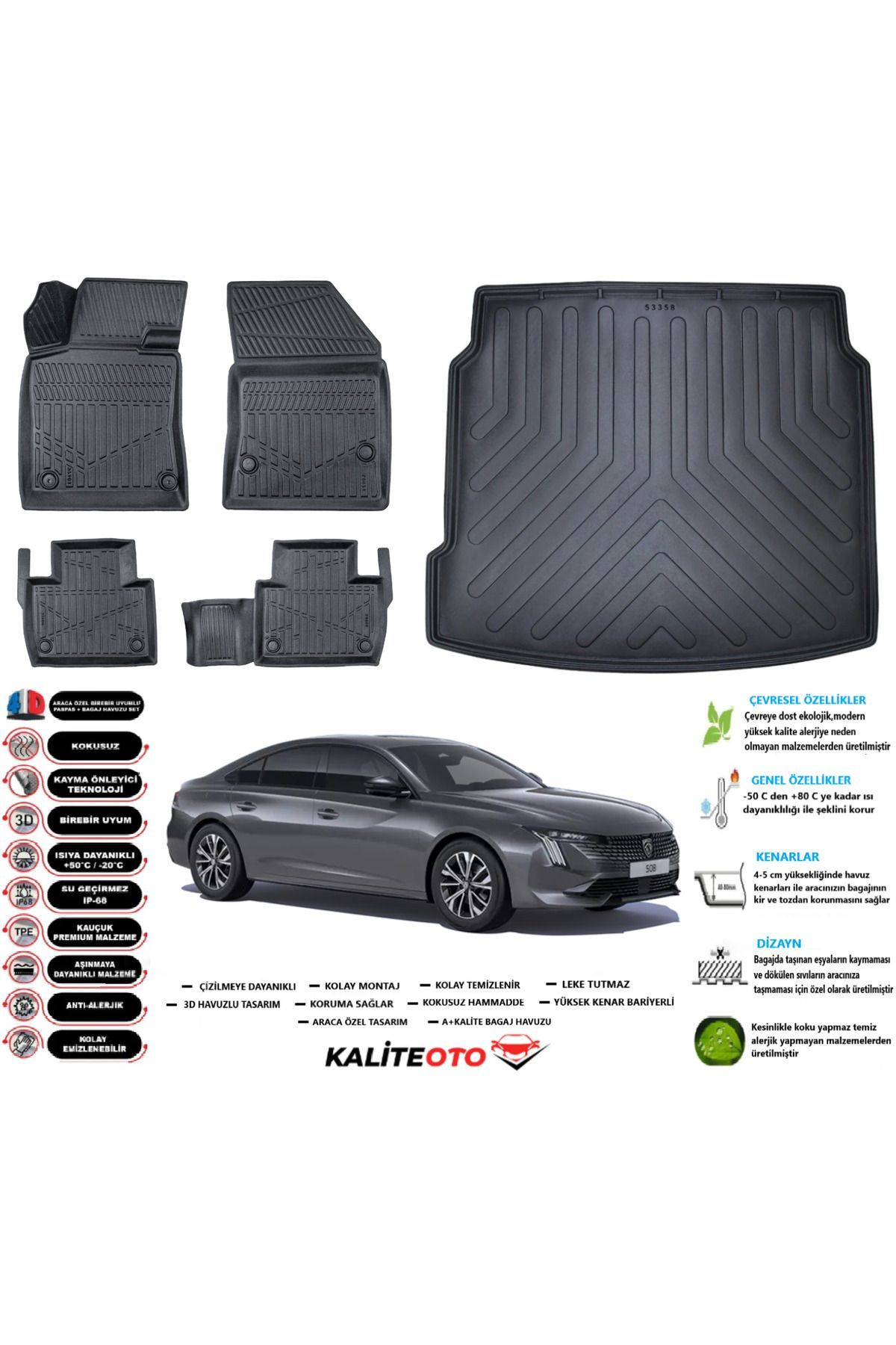 Peugeot 508 2020 Model Esnek Bagaj Havuzu Paspası Araca Özel Siyah Kokusuz Paspas Takımı