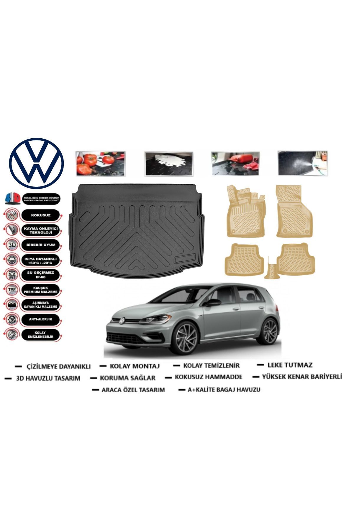 Volkswagen Golf 7 Model 2016 Alt Bagaj Havuzu(paspası)+Araca Özel Bej Paspas Takımı Flex