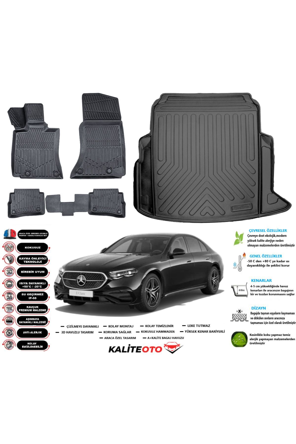 Mercedes E Serisi W214 2025 Model Esnek Bagaj Havuzu Paspası Araca Özel Siyah Kokusuz Paspas Takımı