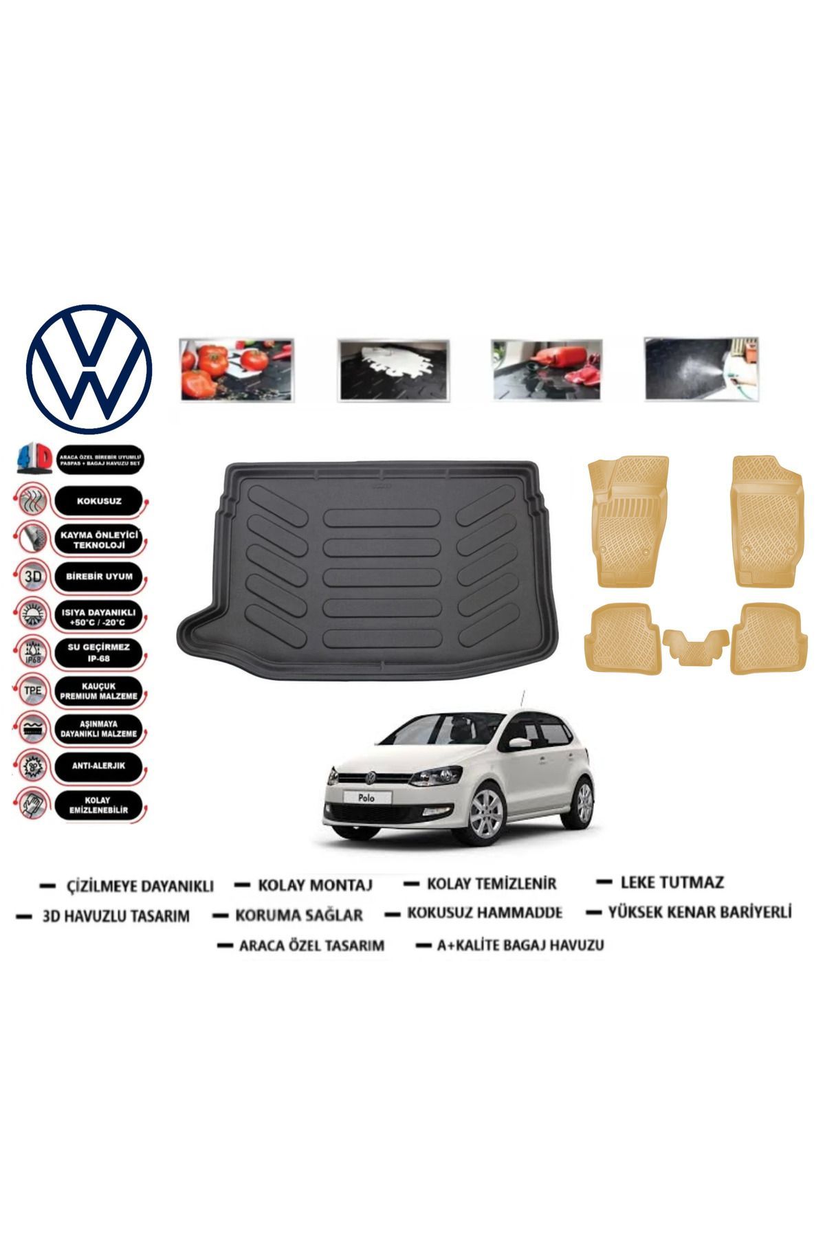 Volkswagen Polo 6R 2012 Model Üst Bagaj Havuzu(paspası)+Araca Özel Bej Paspas Takımı Flex
