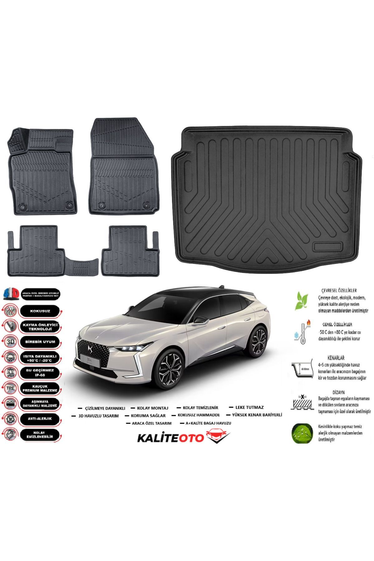 DS4 2024 Model Esnek Bagaj Havuzu Araca Özel Siyah Paspas Takımı