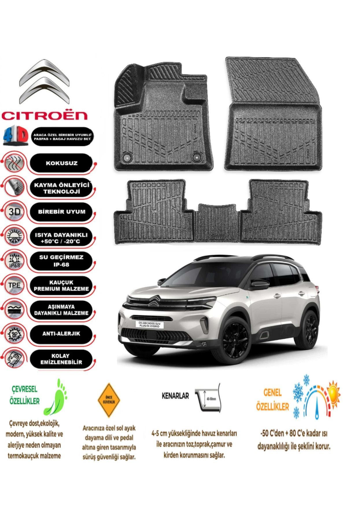 Citroen C5 Aircross 2017 Sonrası 4D Araca Özel Havuzlu Kokusuz Paspas Takımıı