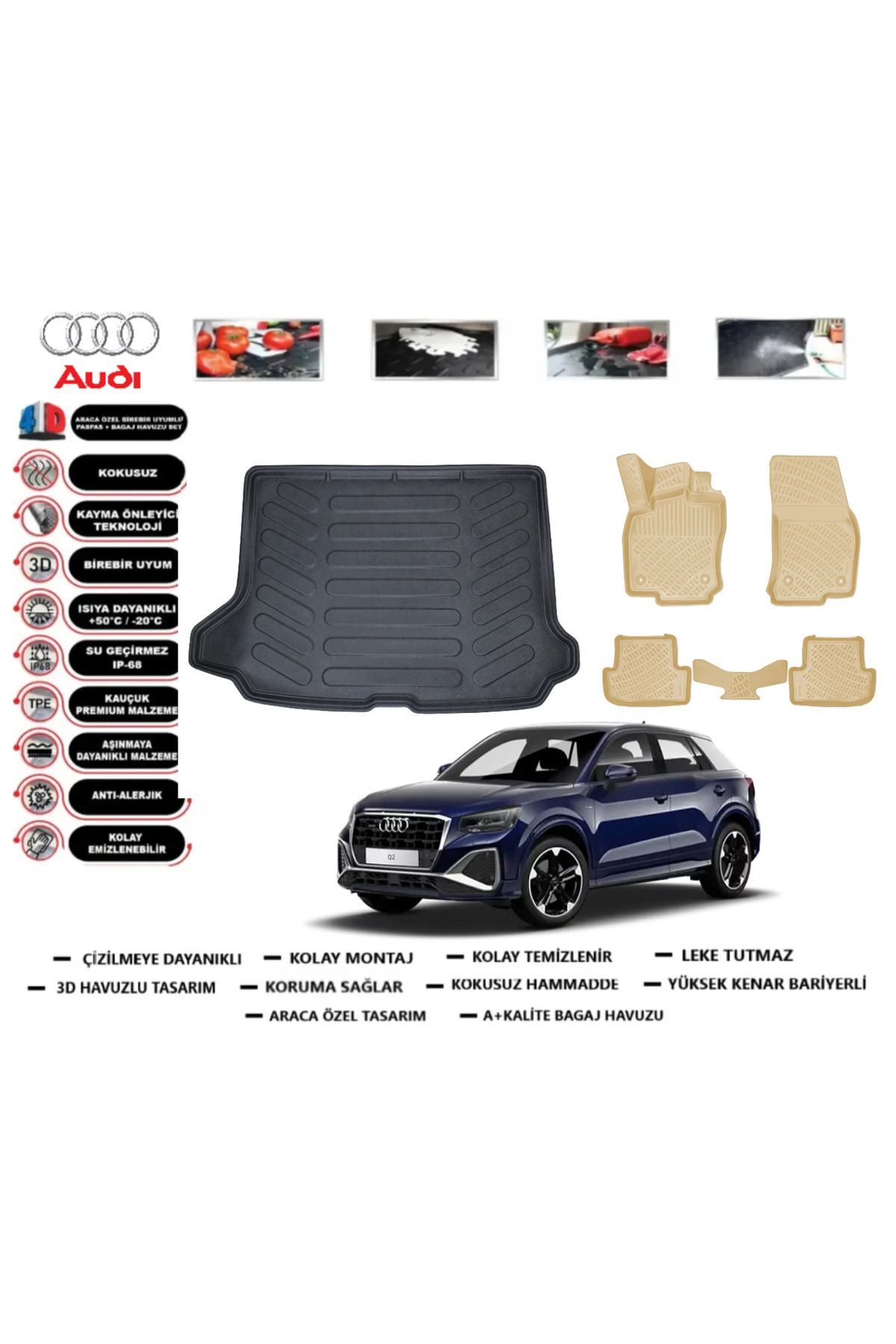 Audi Q2 2018 Model Bagaj Havuzu+Araca Özel Bej Paspas Takımı Flex