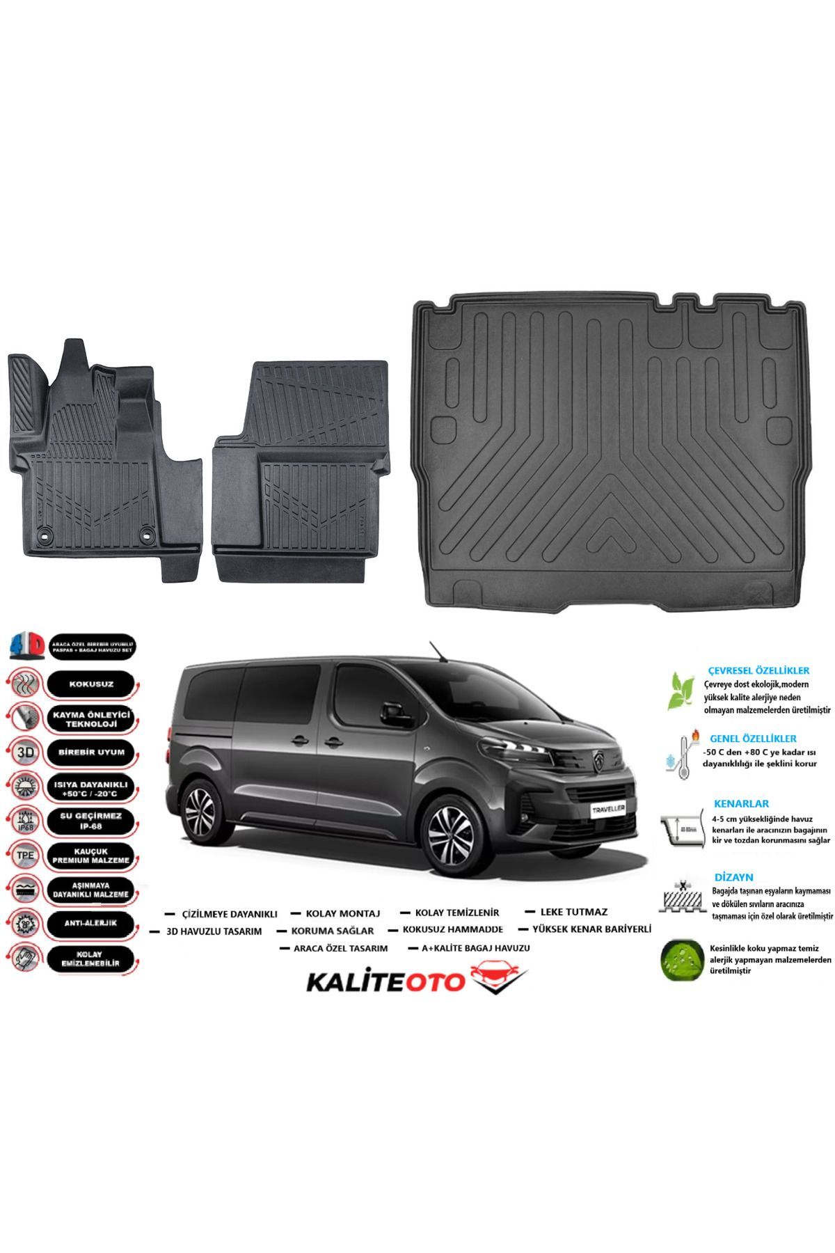 Peugeot Expert Traveller 2018 Model Esnek Bagaj Havuzu Araca Özel Siyah Kokusuz Paspas Takımı