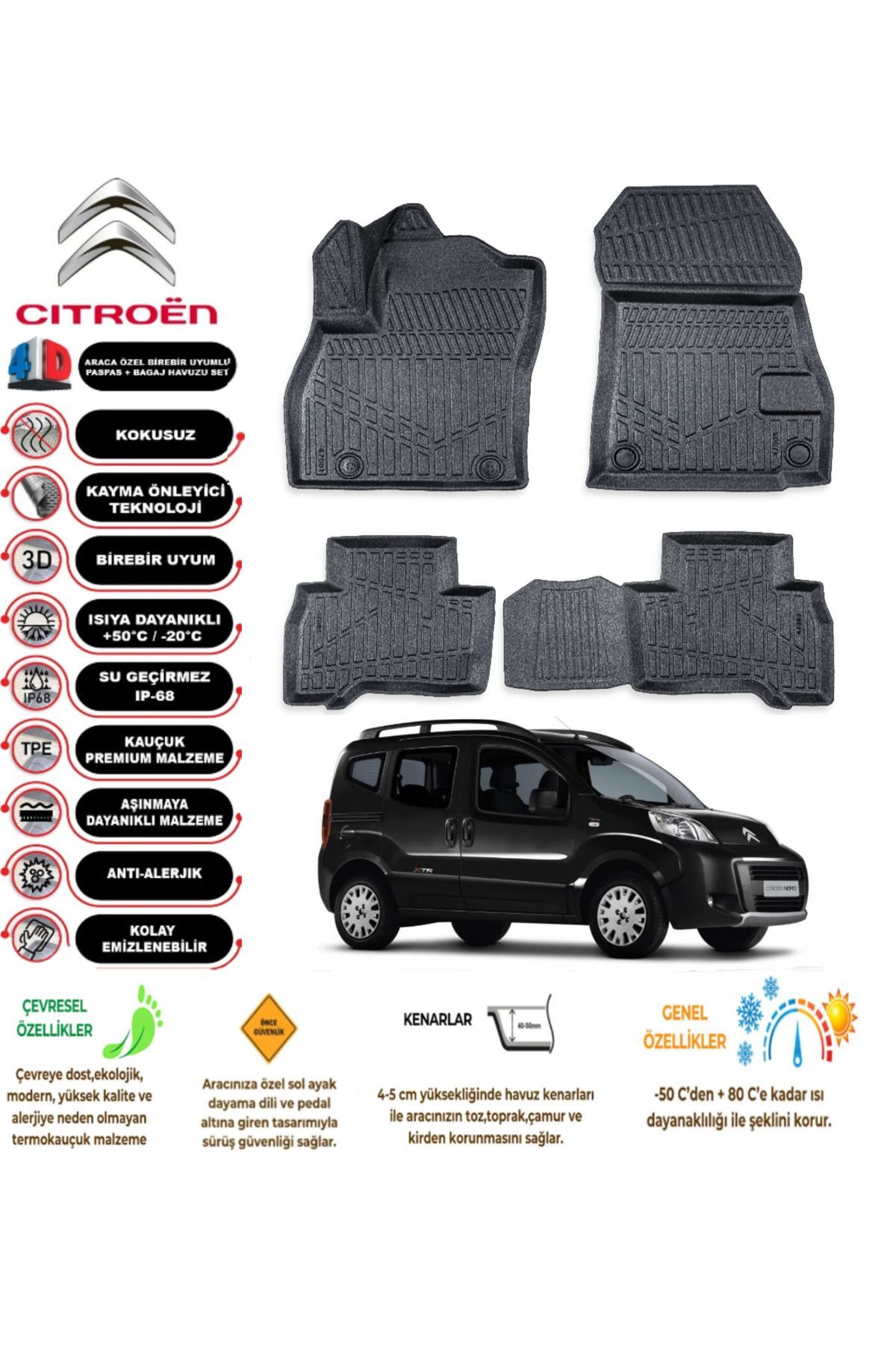 Citroen Nemo 2007 Sonrası 4D Araca Özel Havuzlu Kokusuz Paspas Takımı
