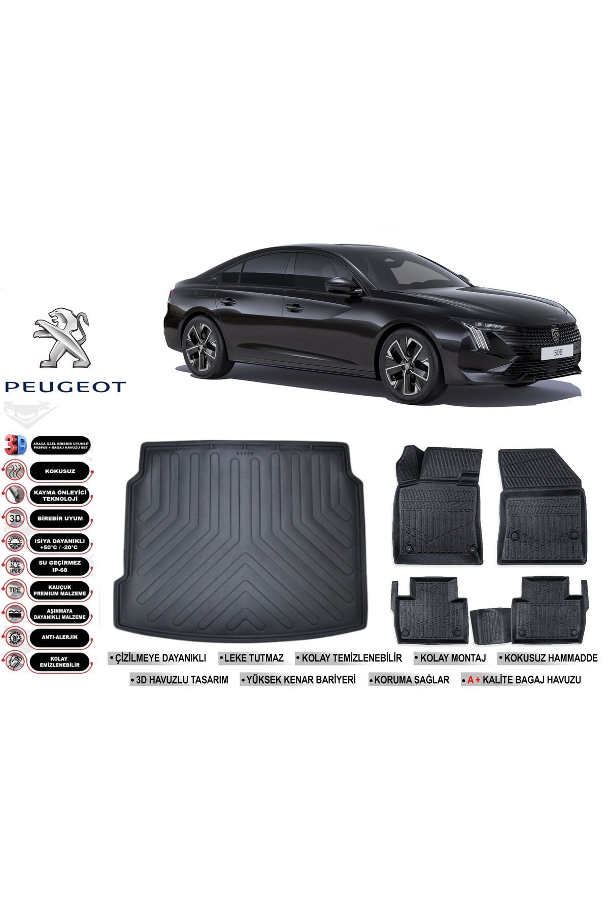 Peugeot 508 2024 Model Bagaj Havuzu Araca Özel Siyah Havuzlu Paspas Takımı Sett