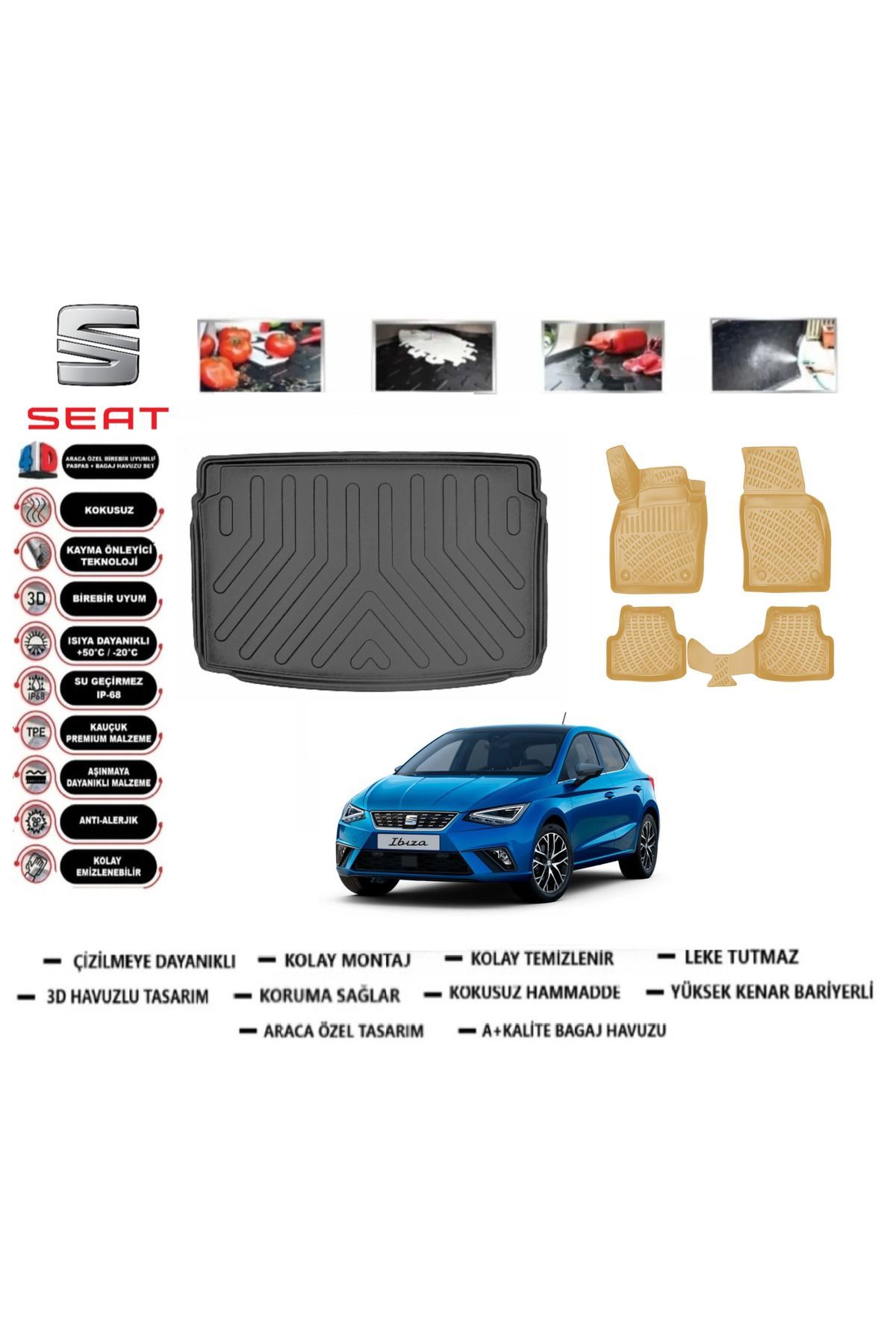 Seat İbiza 2023 Model Üst Bagaj Havuzu(paspası)+Araca Özel Bej Paspas Takımı Flex