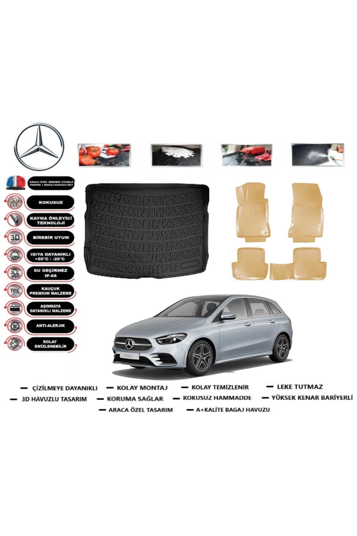 Mercedes B Serisi W247 2019 Model Alt Bagaj Havuzu+Araca Özel Bej Paspas Takımı Flex