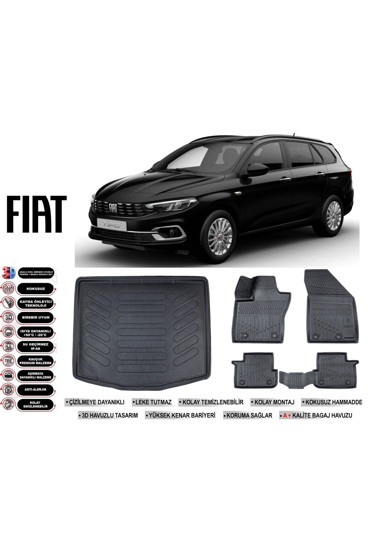 Fiat Egea Station Vagon 2018 Model Alt Bagaj Havuzu Araca Özel Siyah Havuzlu Paspas Takımı Sett