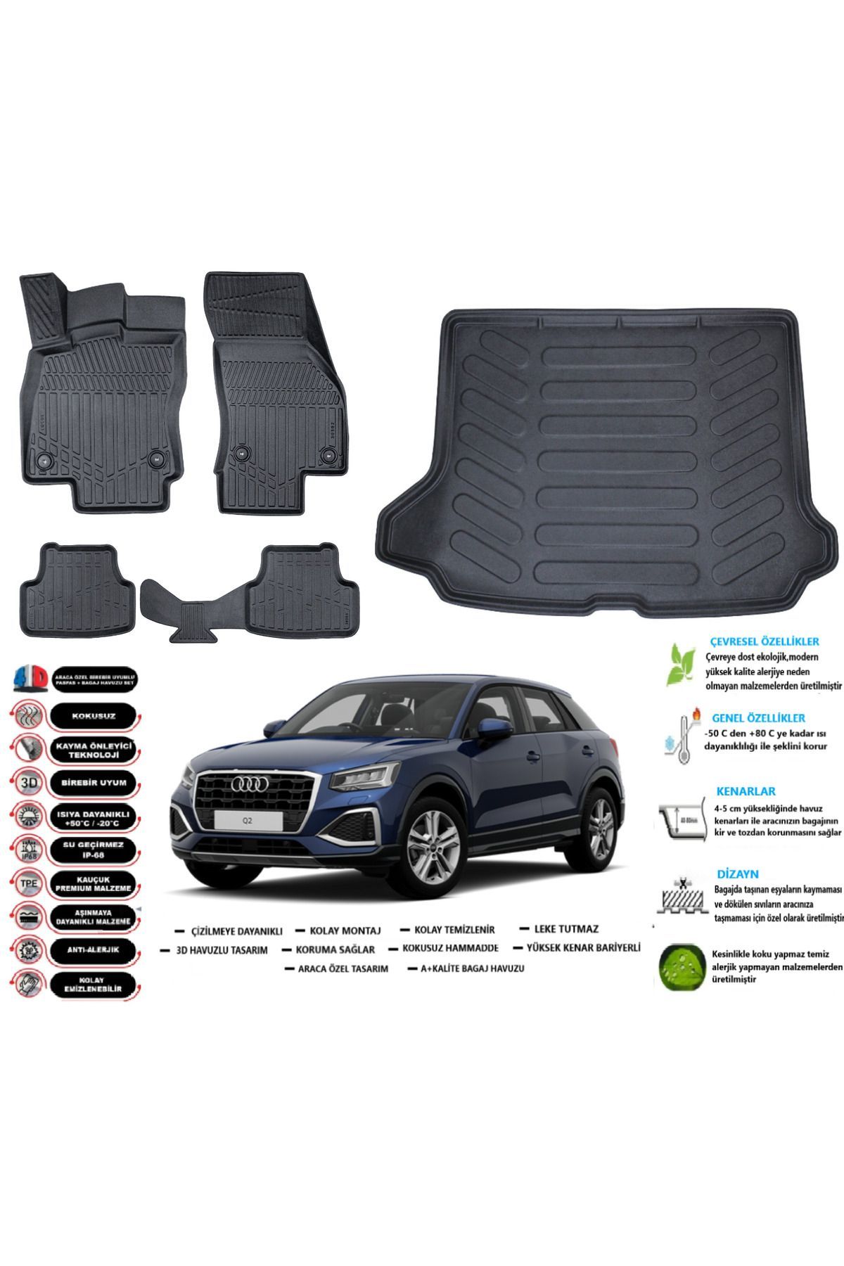 Audi Q2 2019 Model Esnek Bagaj Havuzu Araca Özel Siyah Paspas Takımı