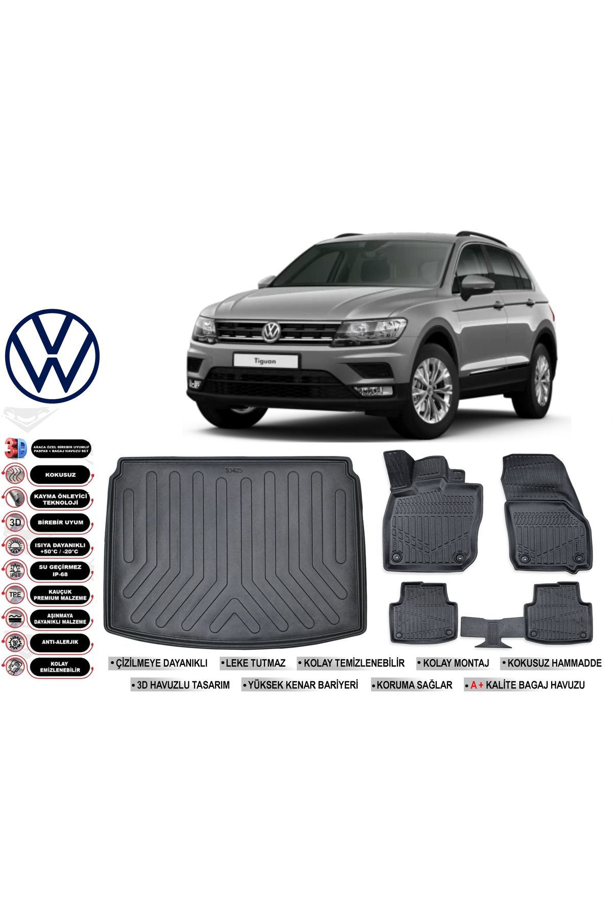 Volkswagen Tiguan 2017 Model Alt Bagaj Havuzu Araca Özel Siyah Havuzlu Paspas Takımı Sett