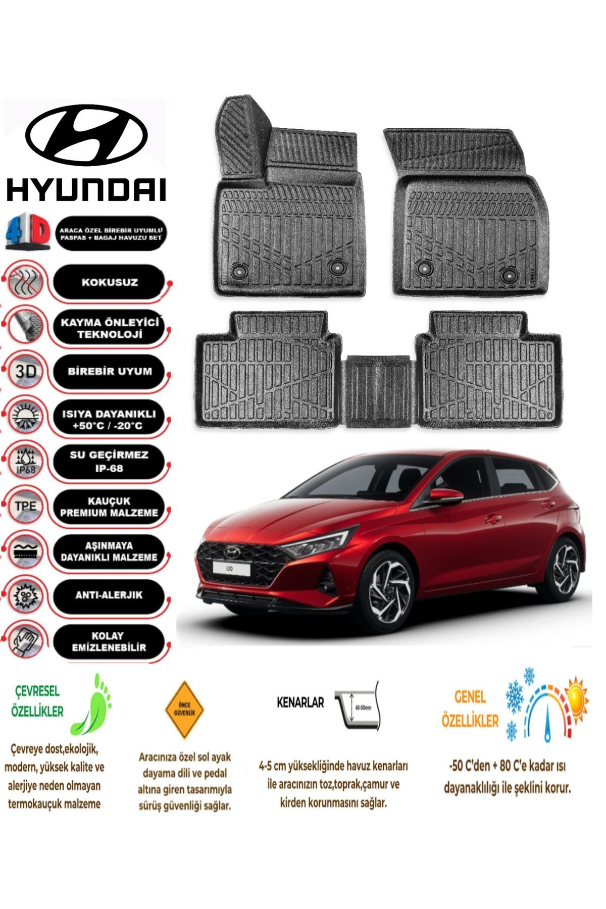 Hyundai İ20 2022 Model 4D Araca Özel Havuzlu Paspas Takımı