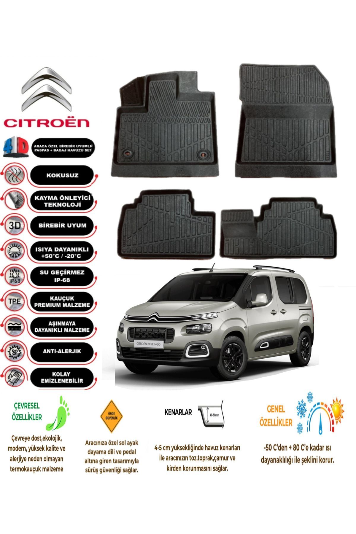 Citroen Berlingo 2019 Model 4D Araca Özel Havuzlu Paspas Takımı