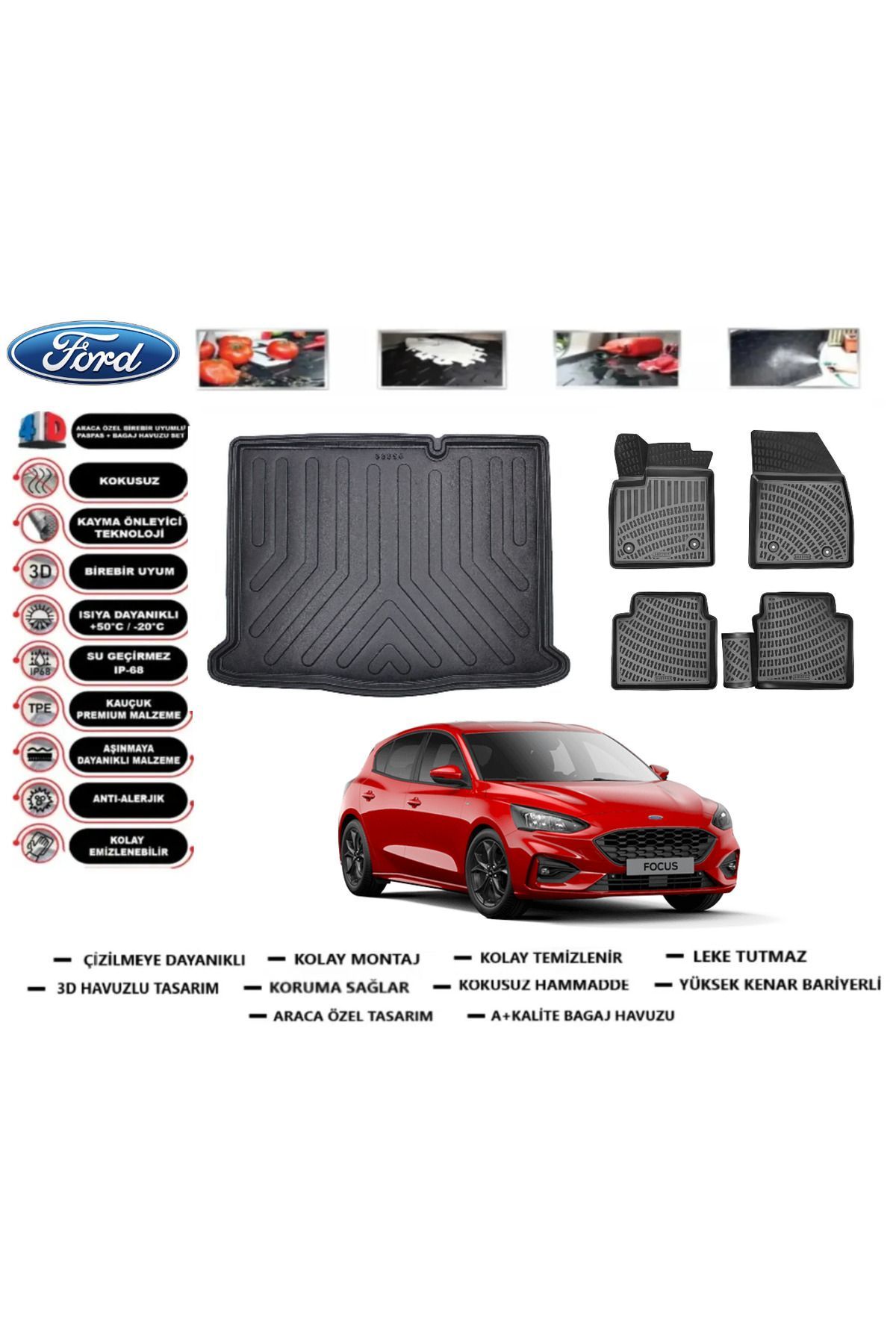 Ford Focus 4 HB 2024 Model İnce Stepne Bagaj Havuzu Araca Özel Paspas Takımı Prrox
