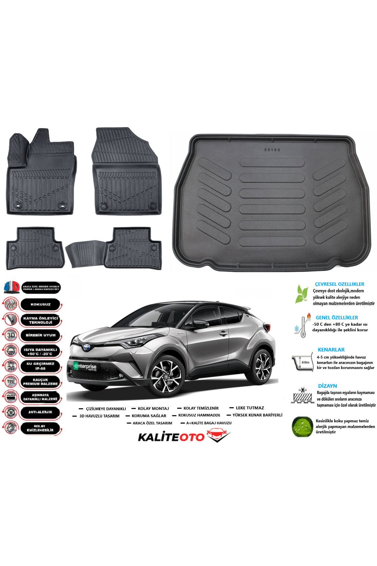 Toyota C-HR 2023 Model Esnek Bagaj Havuzu Araca Özel Siyah Paspas Takımı