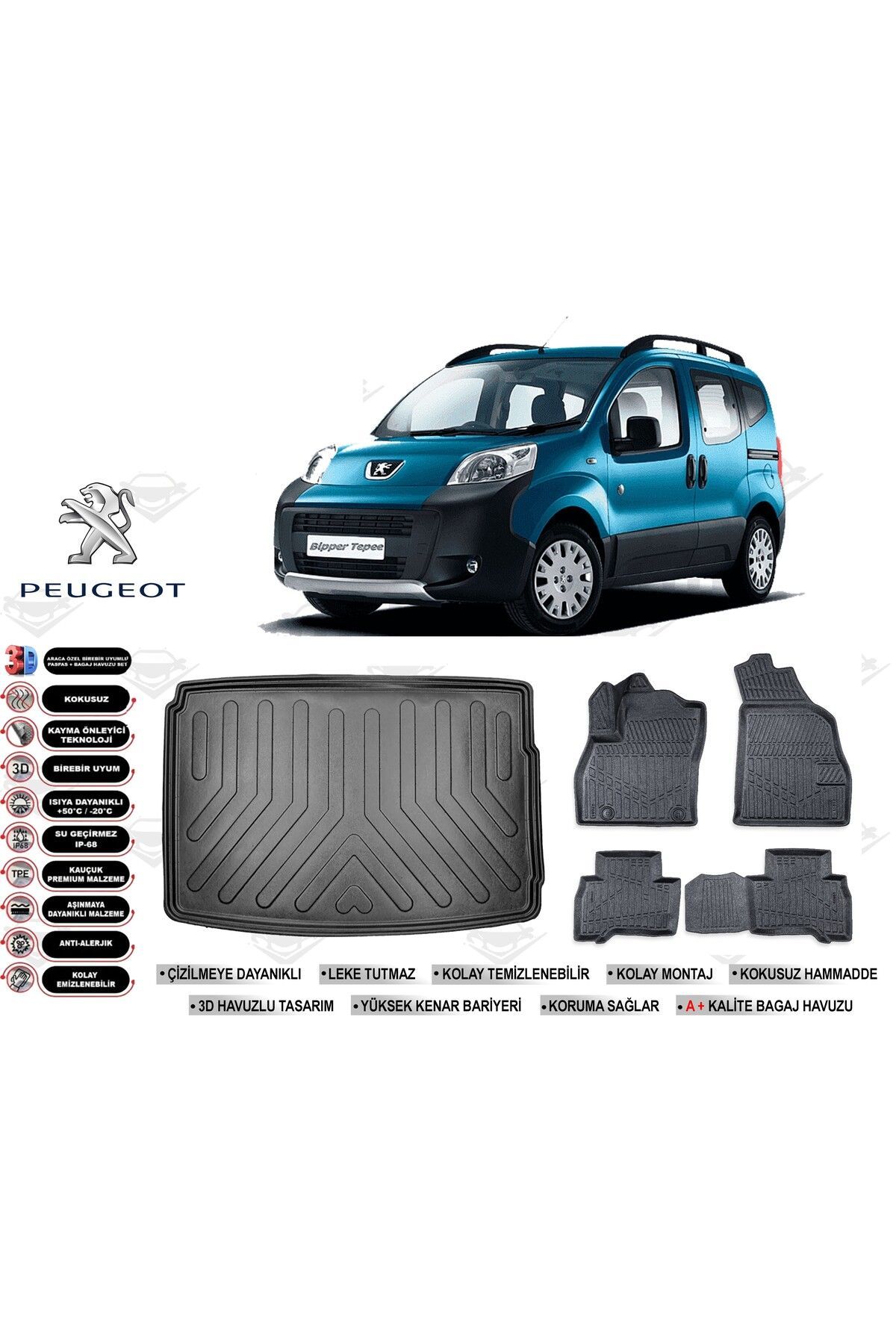 Peugeot Bipper 2019 Model Bagaj Havuzu Araca Özel Siyah Havuzlu Paspas Takımı Sett