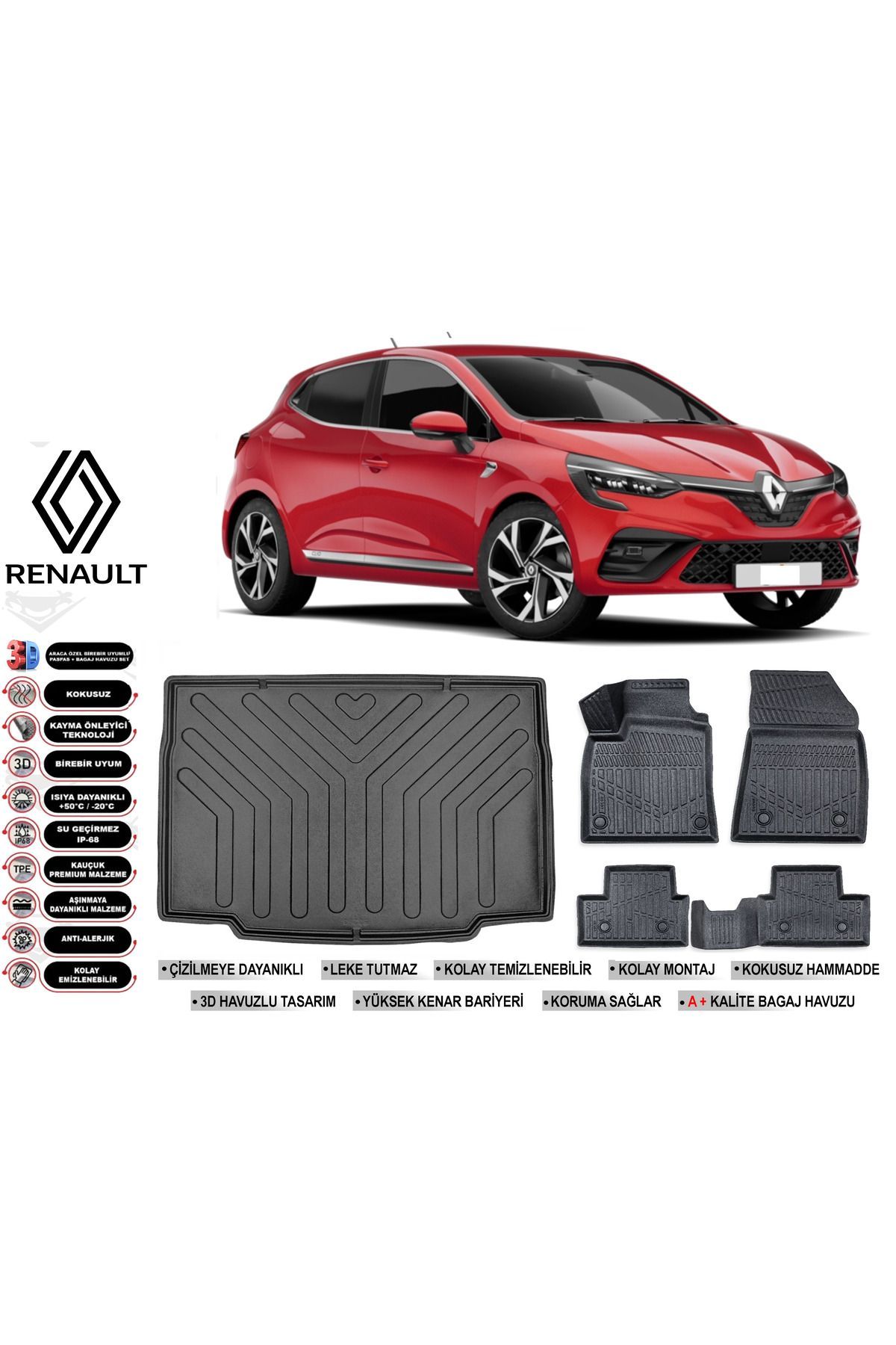 Renault Clio 5 2024 Model Bagaj Havuzu Araca Özel Siyah Havuzlu Paspas Takımı Sett