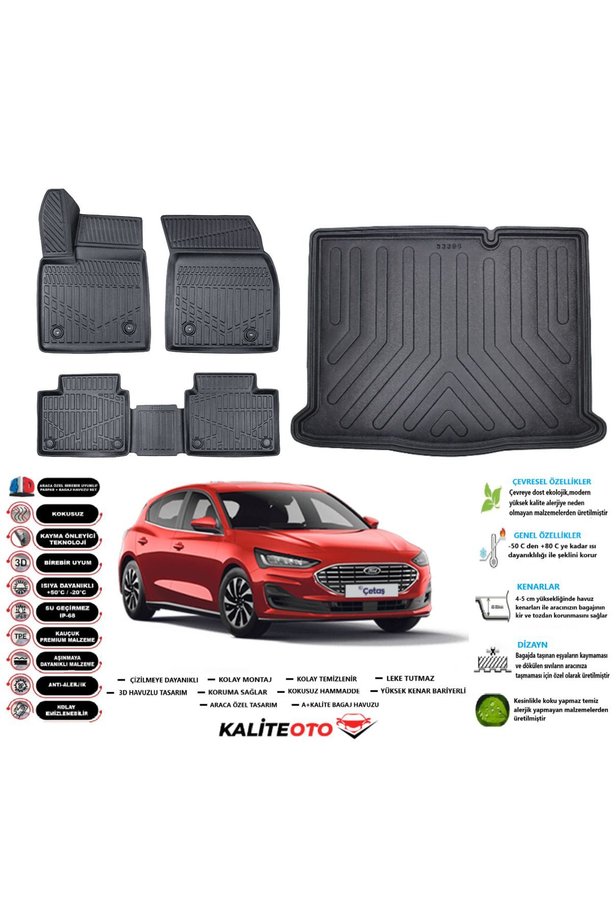 Ford Focus 5 Hatchback 2020 Model Stepneli Esnek Bagaj Havuzu Araca Özel Siyah Paspas Takımı