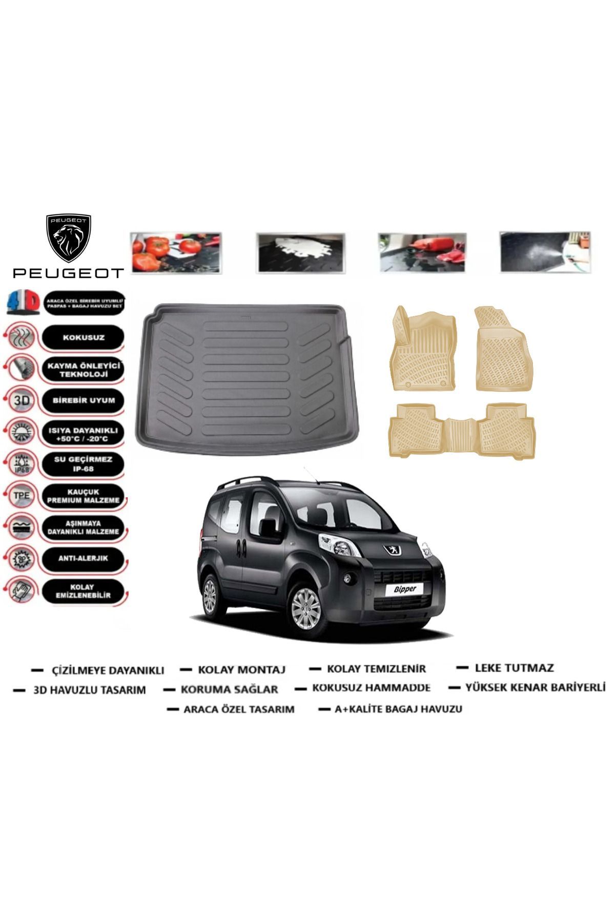 Peugeot Bipper 2010 Model Bagaj Havuzu+Araca Özel Bej Paspas Takımı Flex