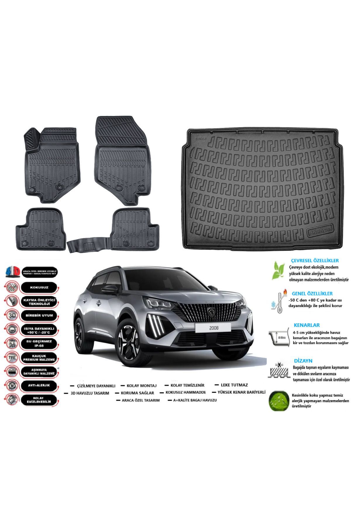 Peugeot 2008 2021 Model Alt Esnek Bagaj Havuzu Araca Özel Siyah Paspas Takımı
