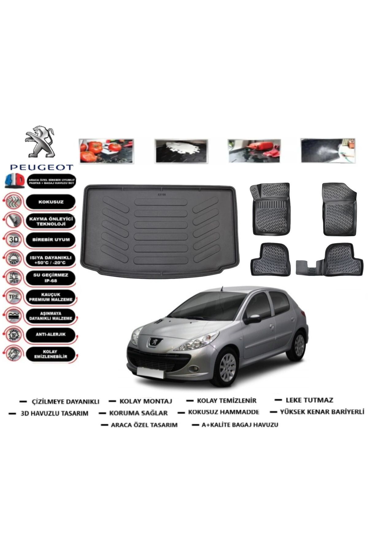 Peugeot 206 HB 2002 Model Bagaj Havuzu Araca Özel Paspas Takımı Prrox
