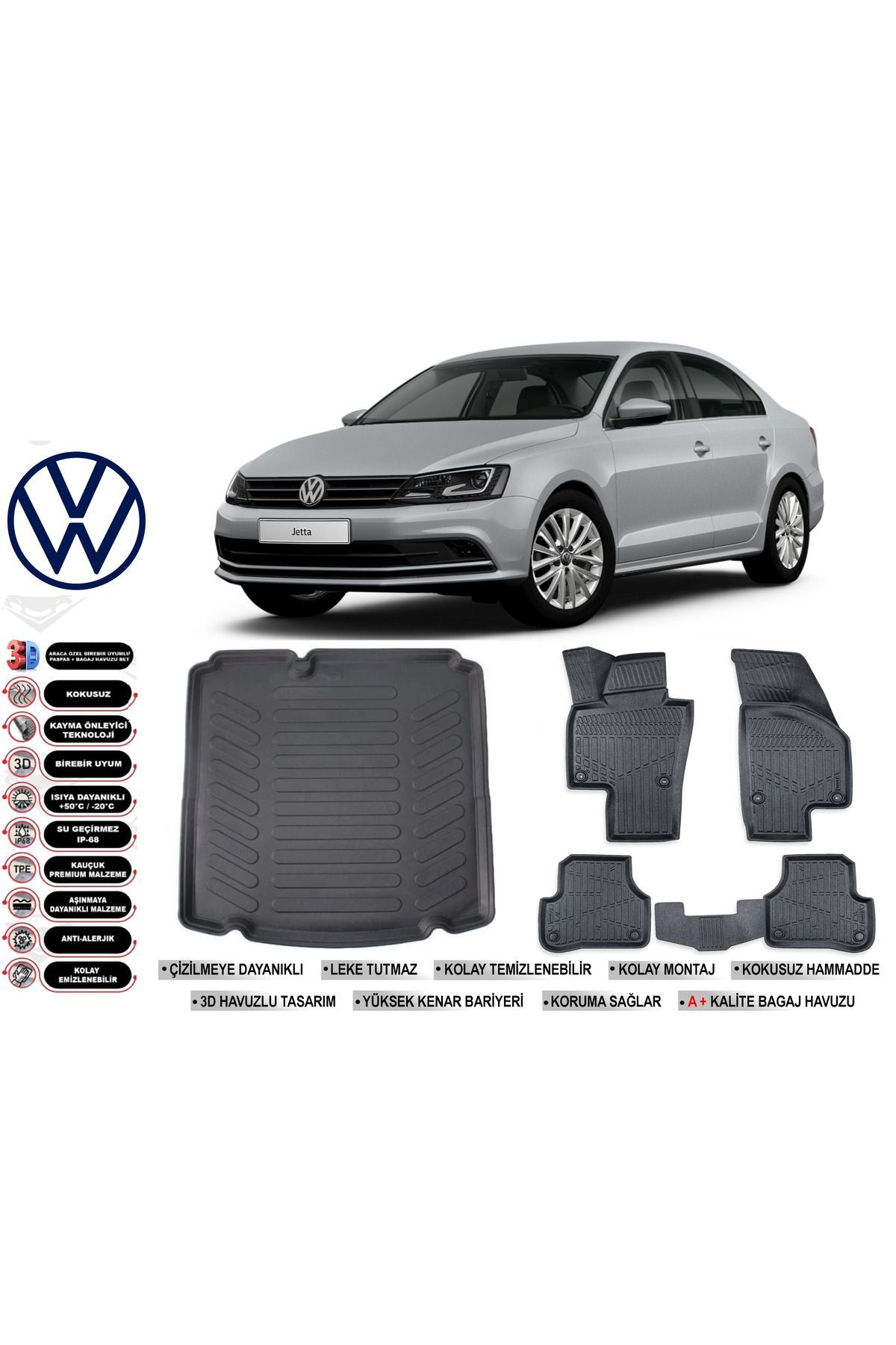 Volkswagen Jetta 2011 Model Cepsiz Bagaj Havuzu Araca Özel Siyah Havuzlu Paspas Takımı Sett