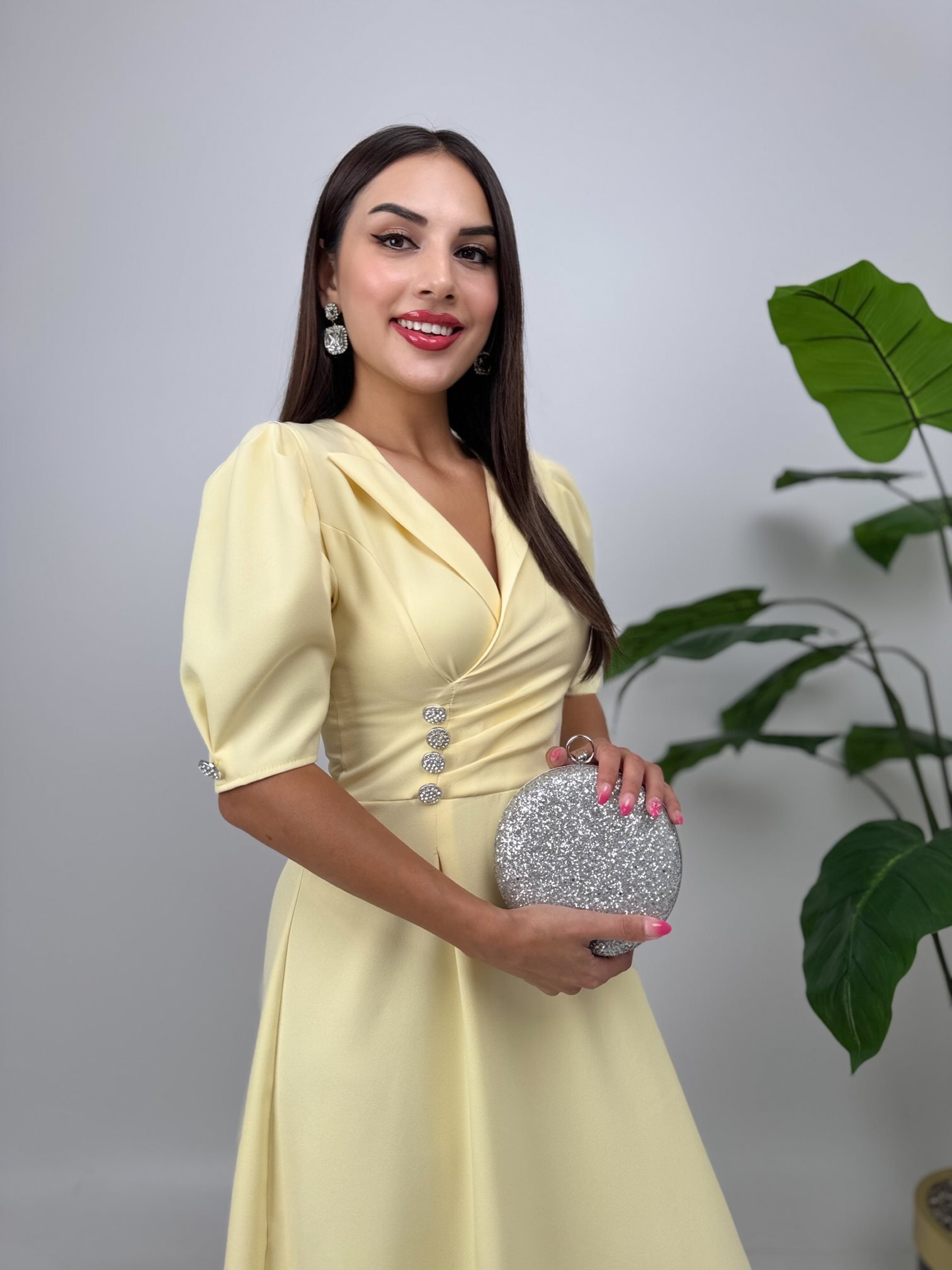 2130 CEKET YAKA BALON KOL DÜĞME DETAY ATLAS ELBİSE YELLOW - SARI