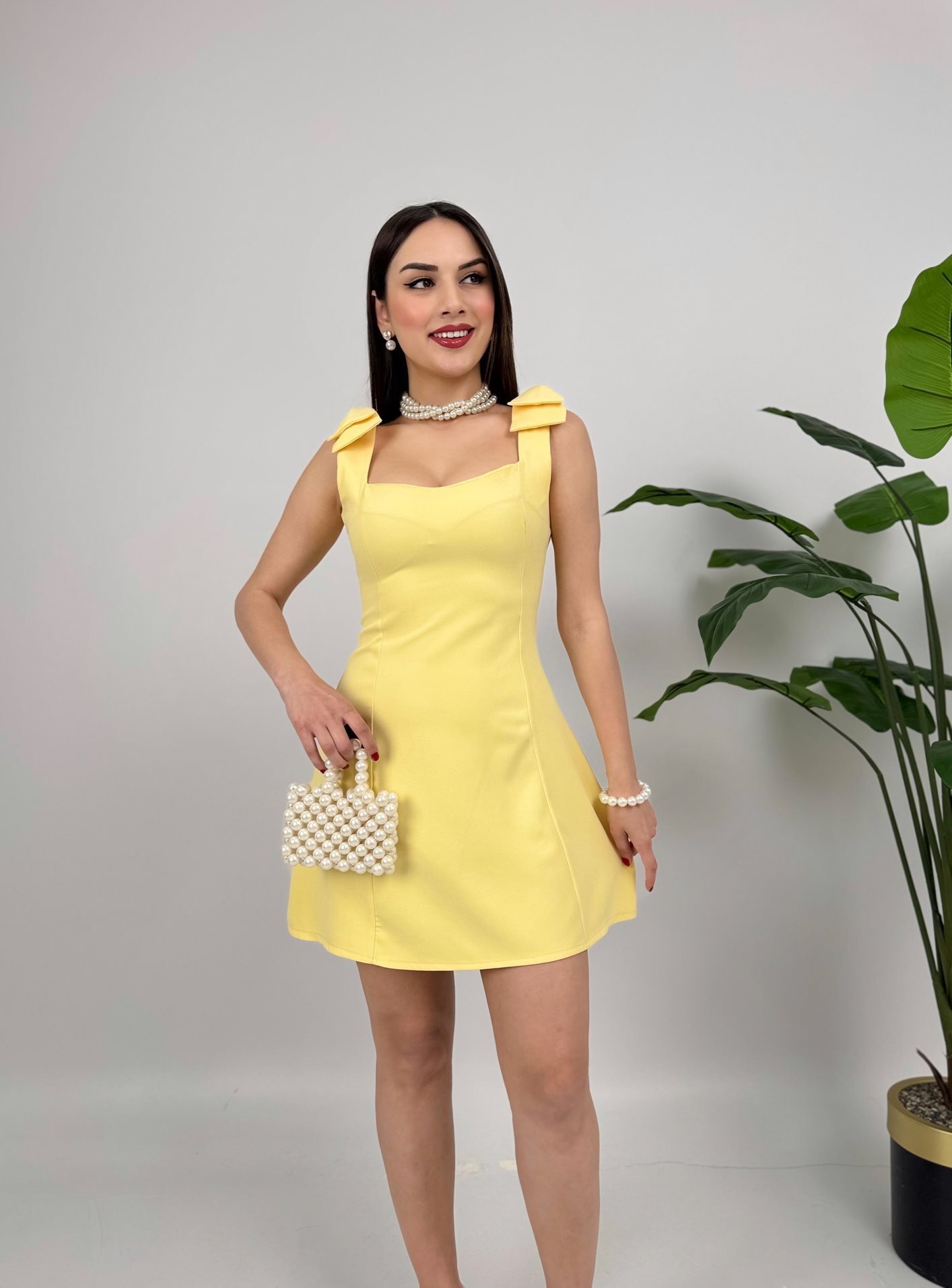 3001 OMUZDAN FİYONKLU MİNİ ELBİSE YELLOW - SARI