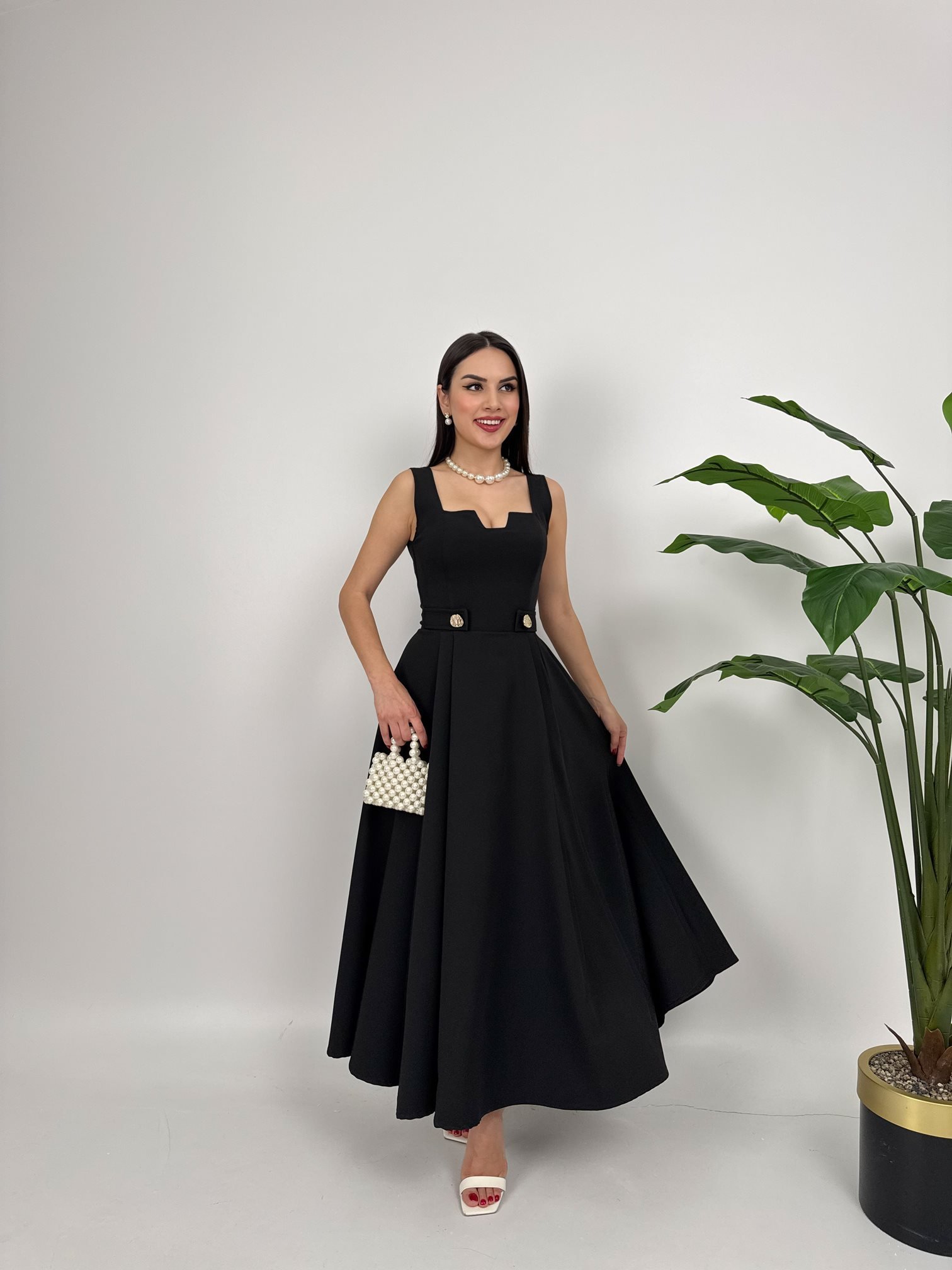 3023 KEMERİ DÜĞMELİ ELBİSE BLACK - SİYAH