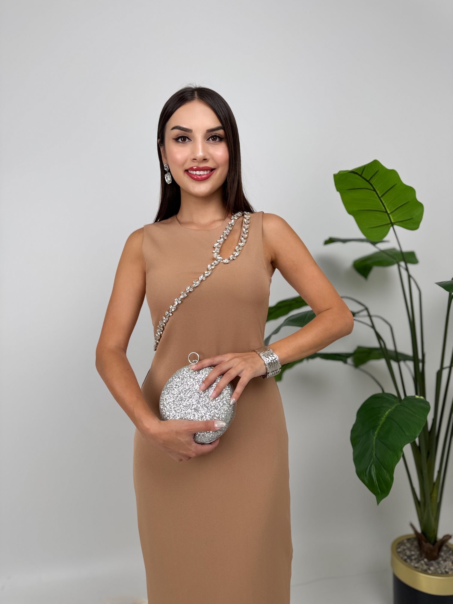 3048 OMUZ DEKOLTELİ ELBİSE MİNK - VİZON
