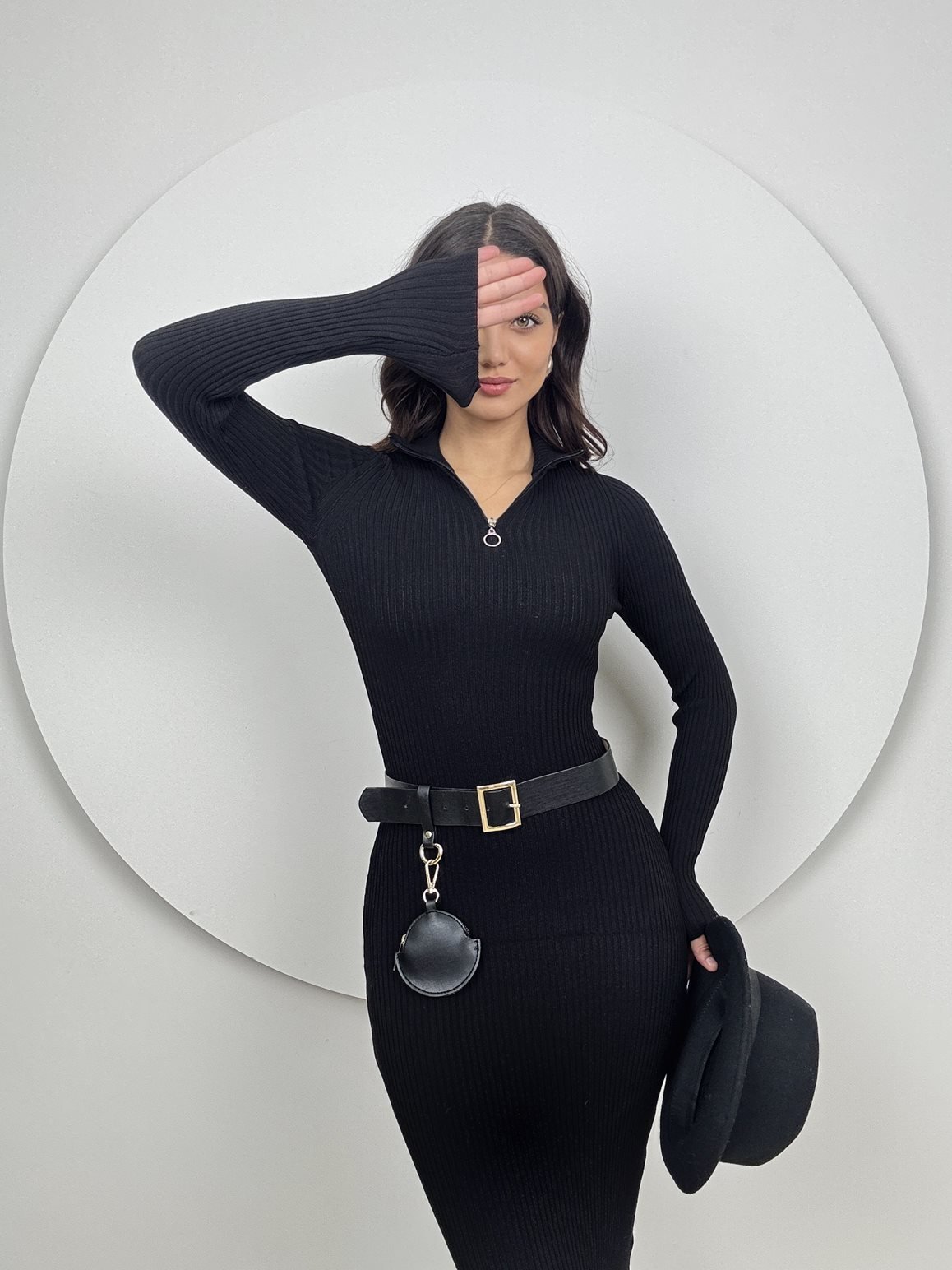 5029 BOĞAZ FERMUARLI İNCE FİTTİLLİ UZUN TRİKO ELBİSE BLACK - SİYAH