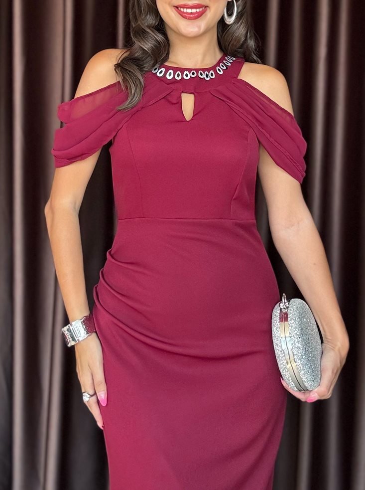 3052  OMUZ DEKOLTELİ ELBİSE