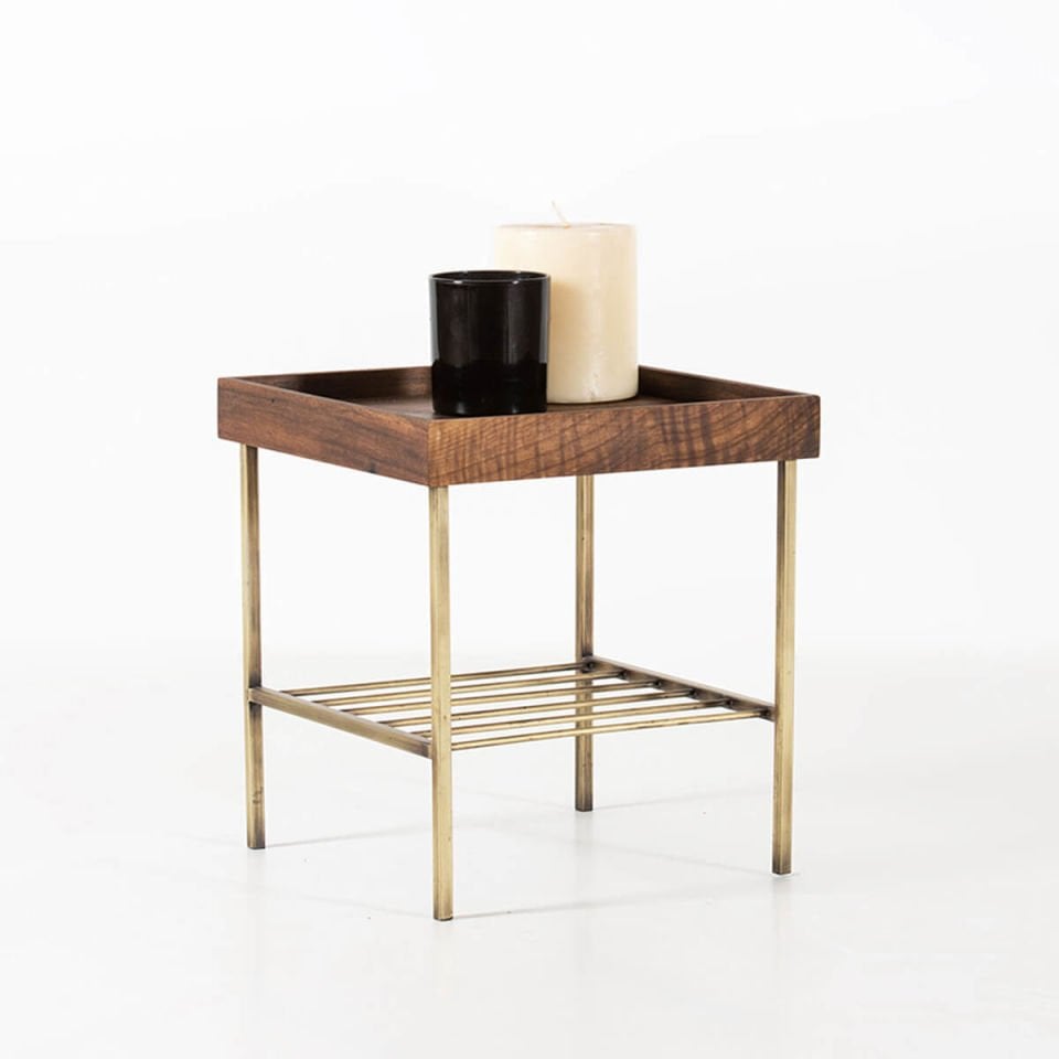 Solid Walnut Short Side Table / Flower Pot – EDGE AGED Series Gold Antique Legs