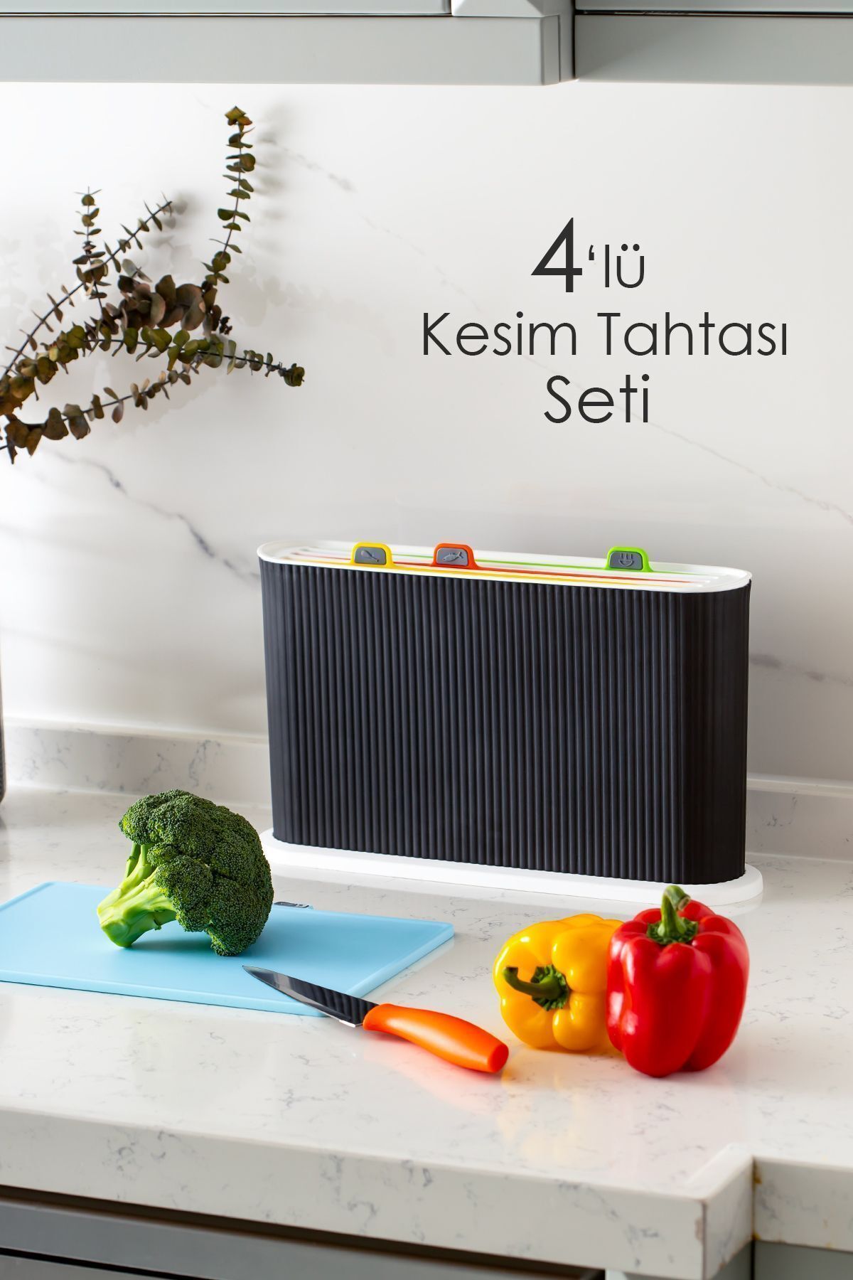 Porsima 1067 Standlı Çoklu Kesme Doğrama Tahtası Seti - Standlı Kesim Tahtası Panosu-siyah Beyaz