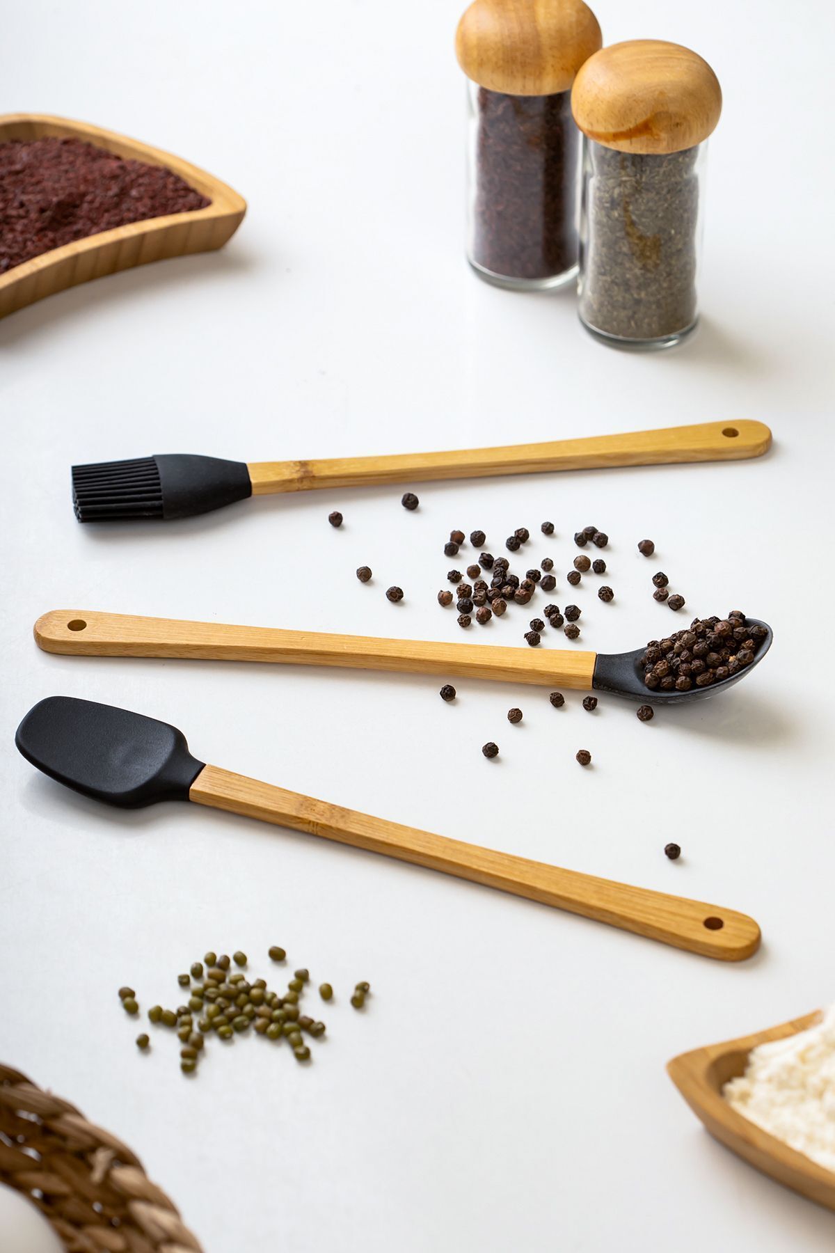 Porsima Mıen 3 Parça Mini Silikon Kaşık Spatula Fırça - Yanmaz Yapışmaz Hazırlık Seti 23 cm-Siyah