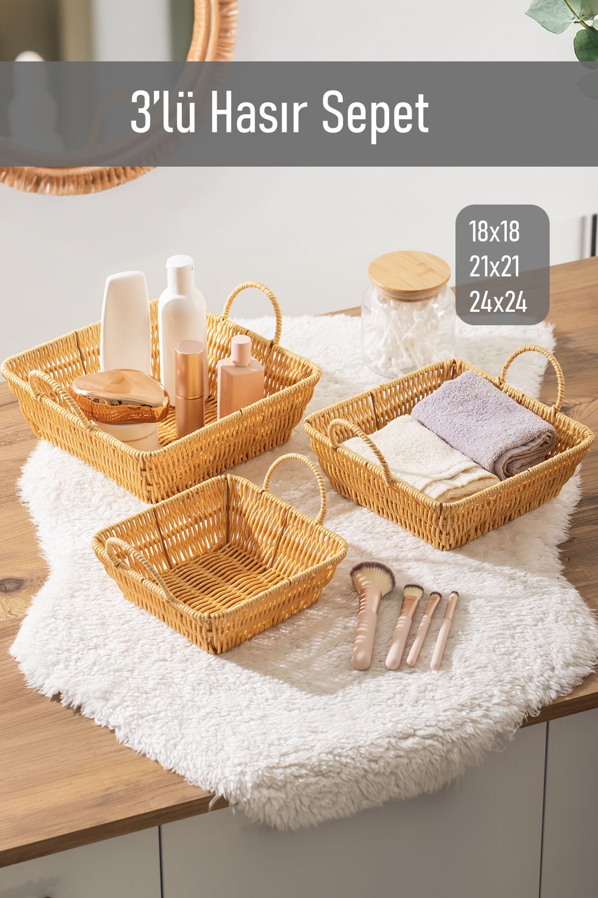 Porsima 303-B Kare 3'lü Hasır Sepet Dekoratif Ev Düzenleyici Kendinden Kulplu Hasır Sepet Seti Banyo Düzenleyici Sepet