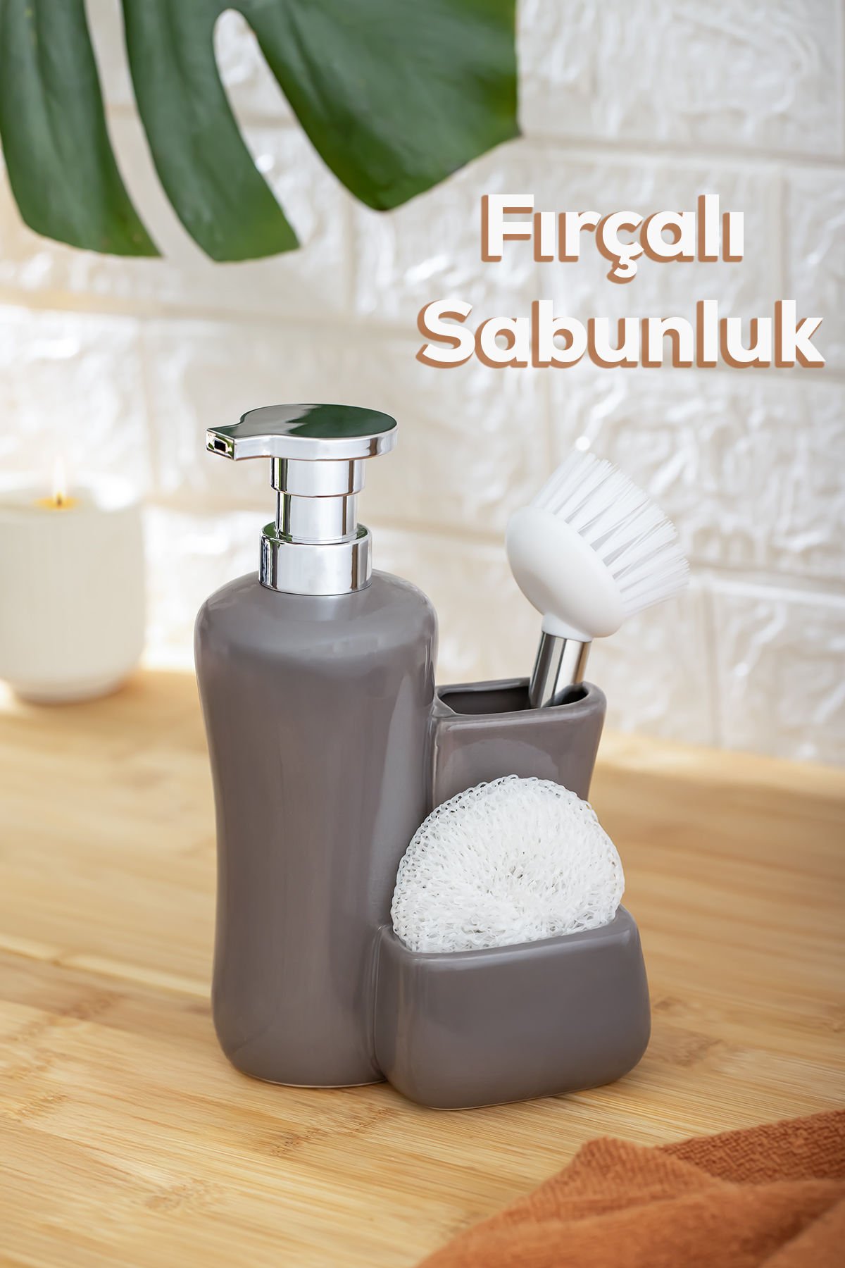 Porsima 277746 Tezgah Üstü Porselen Gri Sıvı Sabunluk Fırçalı Süngerlikli Sabunluk (550ml) 20cm