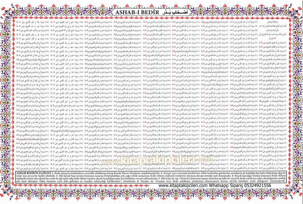 Ashabı Bedir Arapça İsimleri ve Türkçe Fazileti, 319 İsmi Şerif Yazılı Kuşe Kağıt Levha, 28x44 cm Ebat