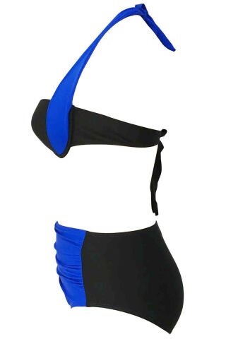 Kaplı Mavi Siyah Tasarımlı Yüksek Bel Bikini Takım ABM9008