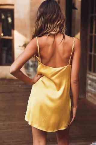 Göğüs Degajeli Saten Elbise Sarı ABM8150