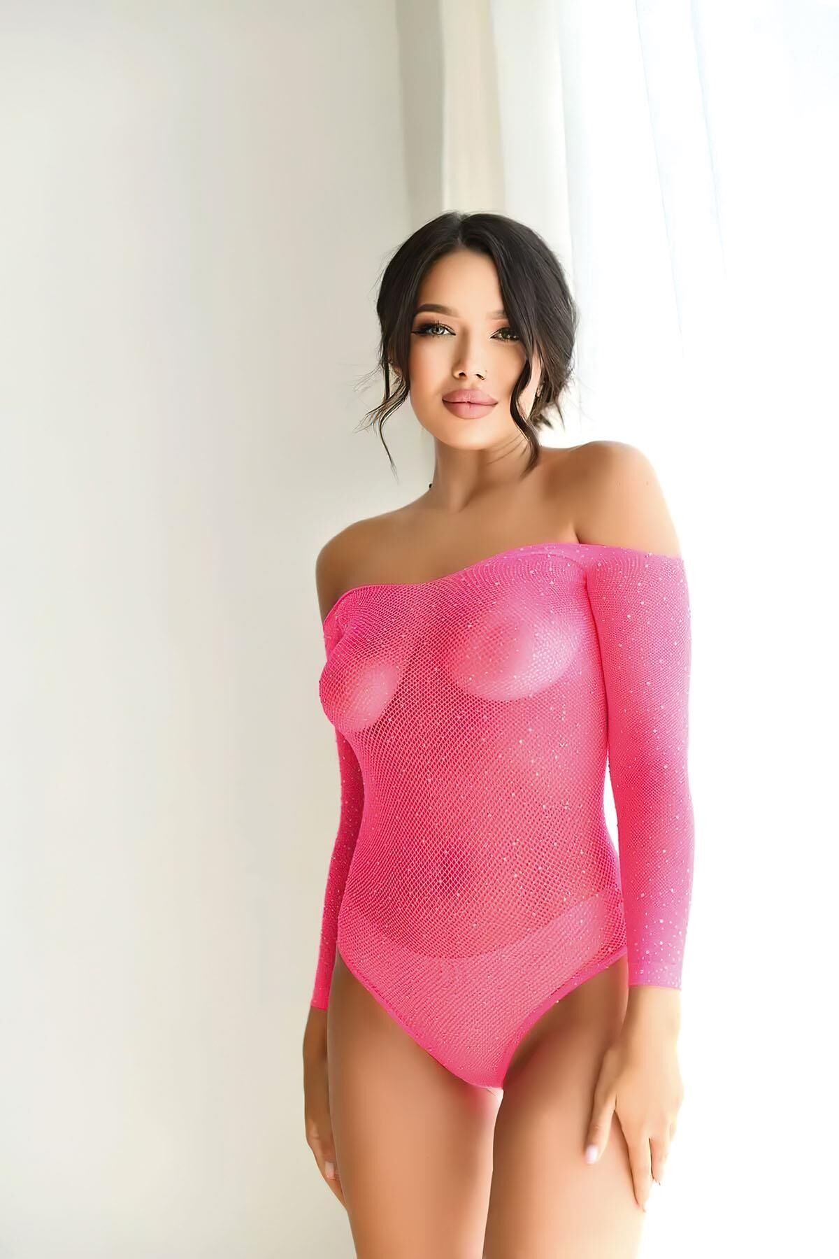 Pembe Taşlı Fantazi Body Vücut Çorabı ABM9462