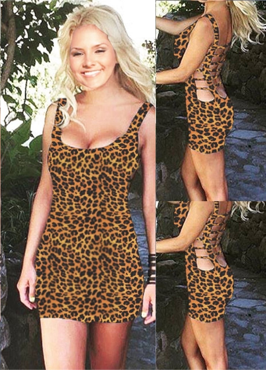 Simetrik Dekolteli Leopar Mini Elbise ABM5532
