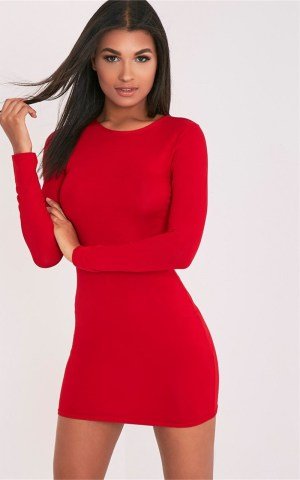 Uzun Kollu Mini Kırmızı Elbise ABM7924