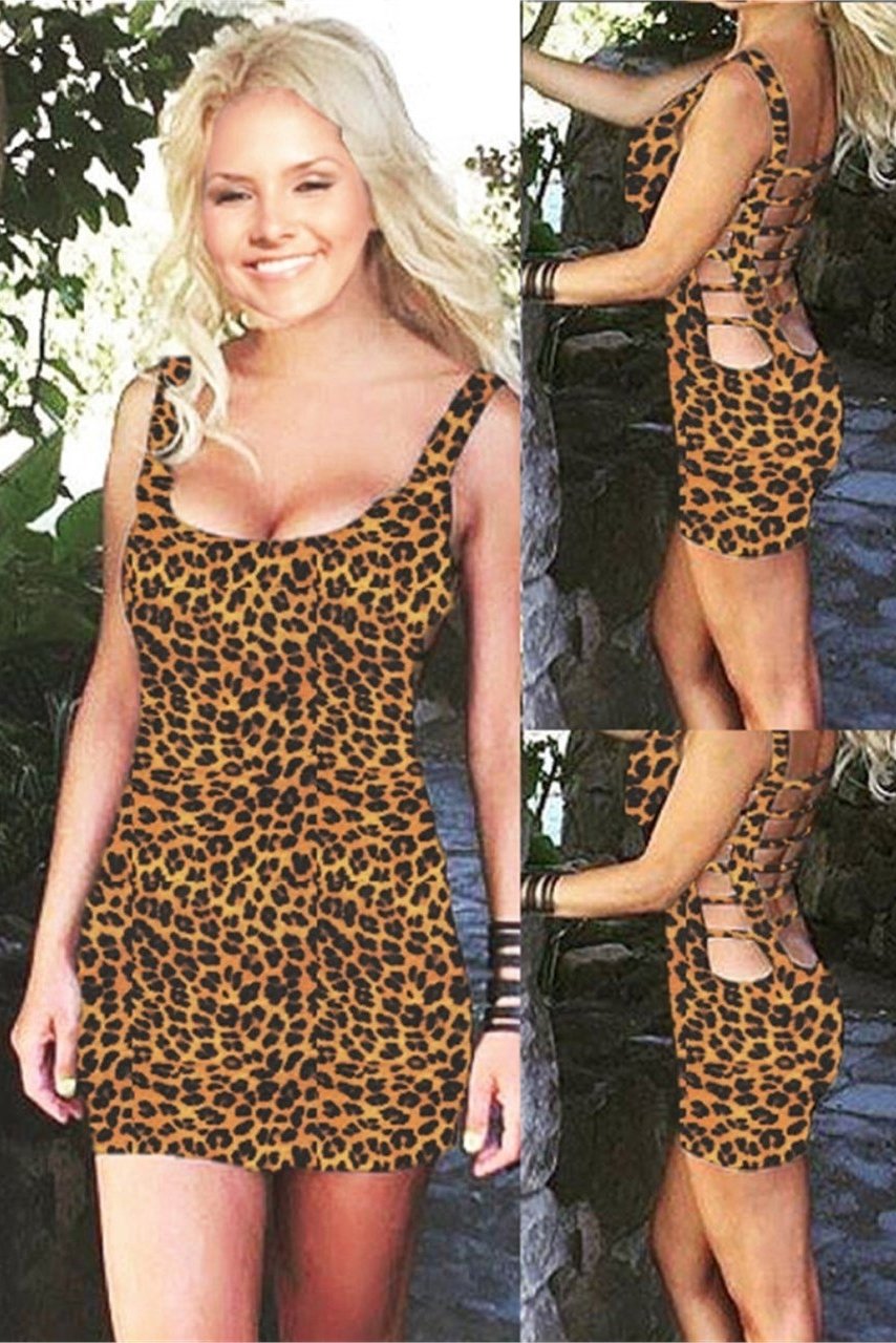 Leopar Sırt Dekolteli Mini Elbise ABM4925