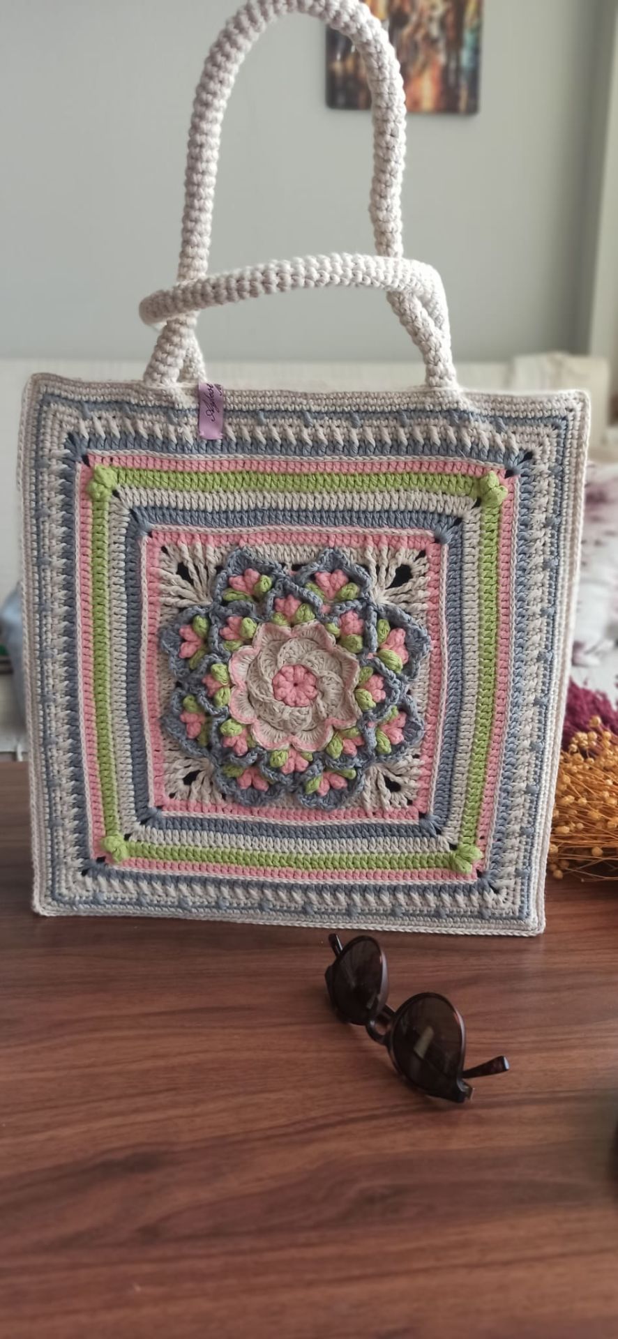 Coton İp El Örgüsü Motifli Çanta 35cm x35cm x 10cm ABM9980