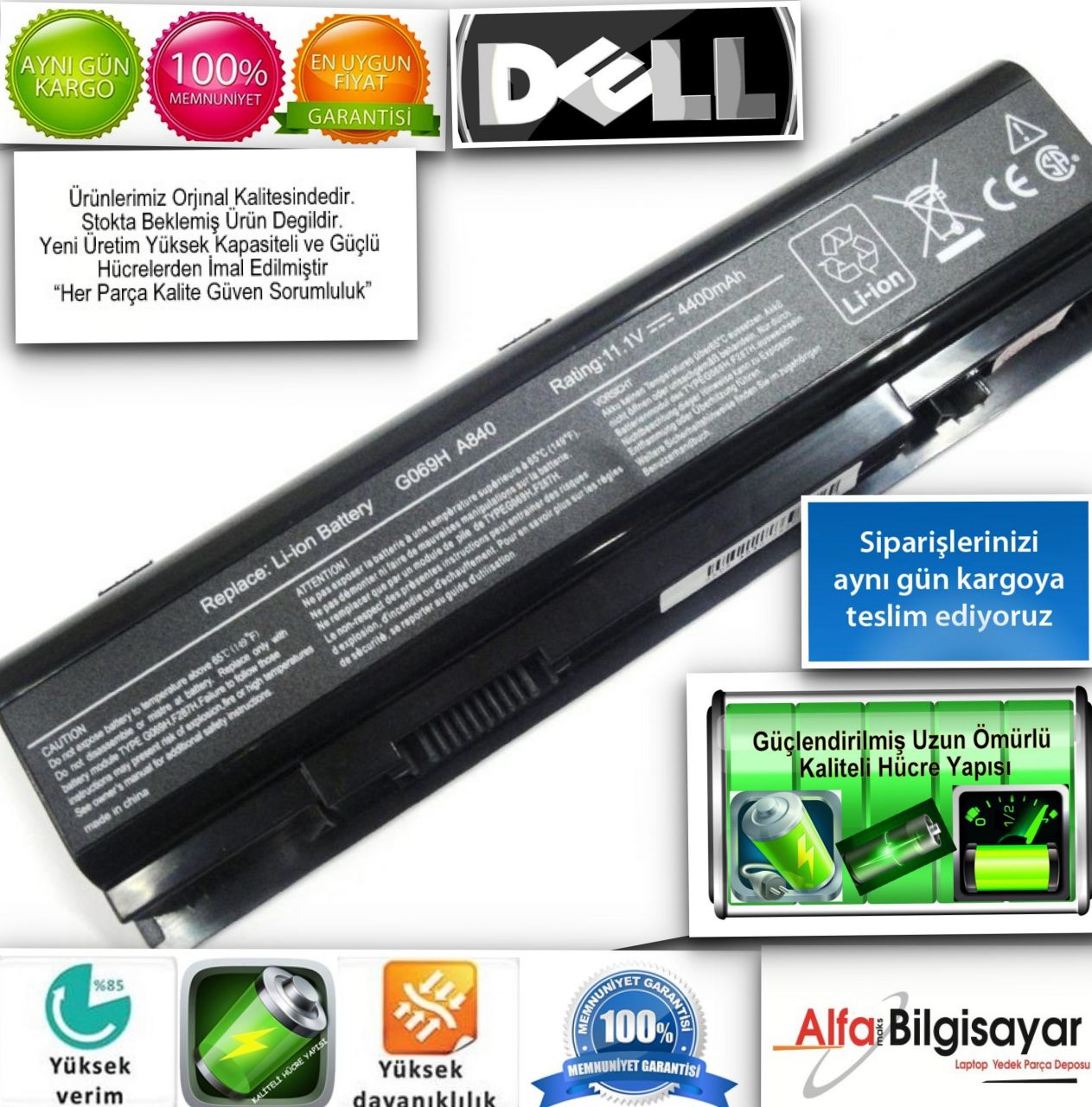 Dell  F287H, G069H, R988H, F287F, 312-0818, 451-10673, Dell Inspiron 1410 Batarya, Dell Vostro A840, A860, A860n Pil, Dell Vostro 1014, 1015 Battery