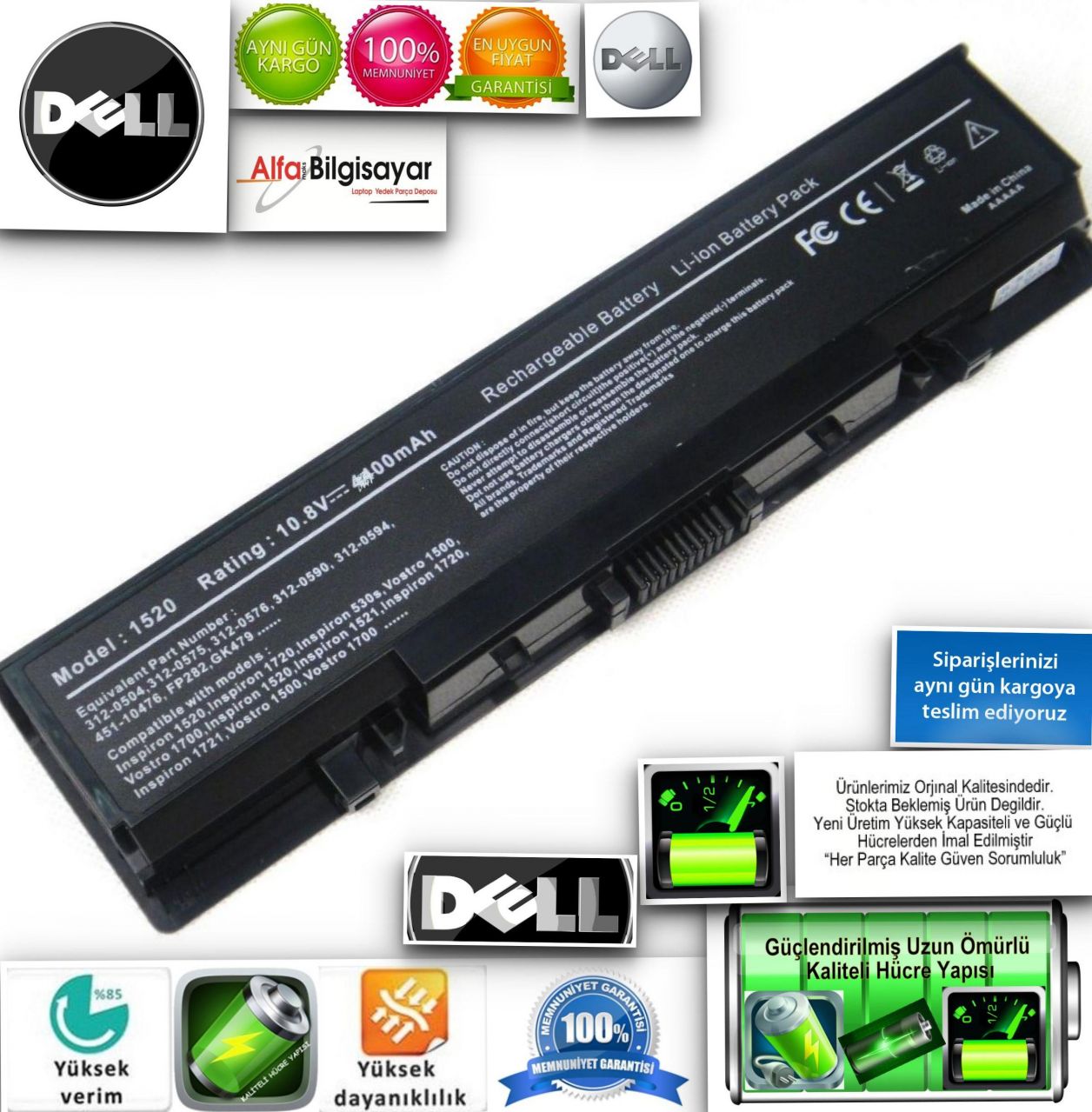 dell inspiron 1520 pp22l FK890, GK479, GR995, KG479, NR222, NR239, 312-0513, 312-0518, 312-0589, Inspiron 1520, 1521, 1720, 1721, Vostro 1500, 1700, Battery