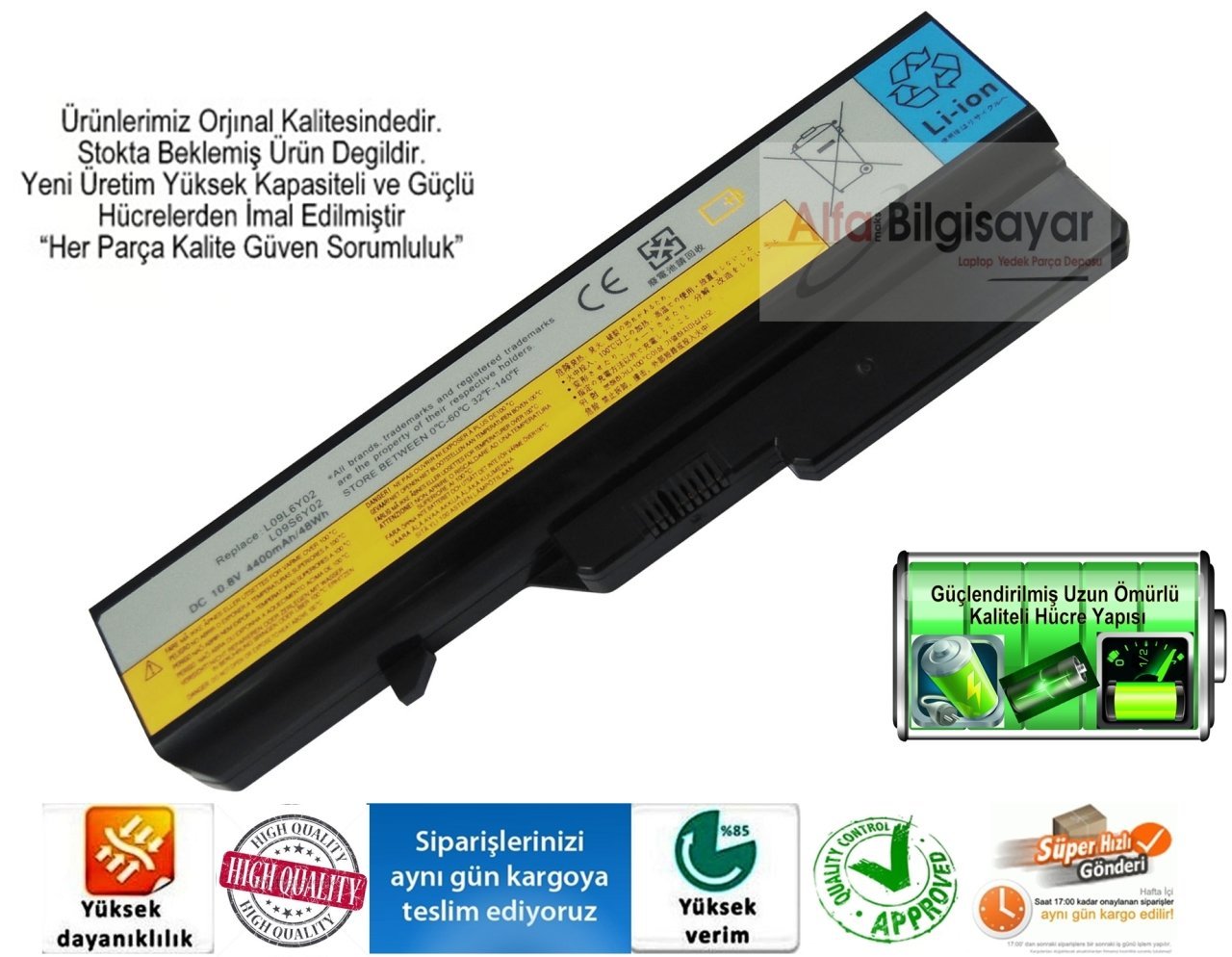 Lenovo LO9L6Y02, LO9S6Y02, Z370 L09L6Y02, L09S6Y02, L09N6Y02, L09M6Y02, L09C6Y02, 57Y6454, Lenovo IdeaPad G460, G560 G565 , Z460, G780 Z560 G470 G570 B570 V570 Batarya, Pil B570 B570E B570E2 B575E Z570 Z575 V570 V570C v575