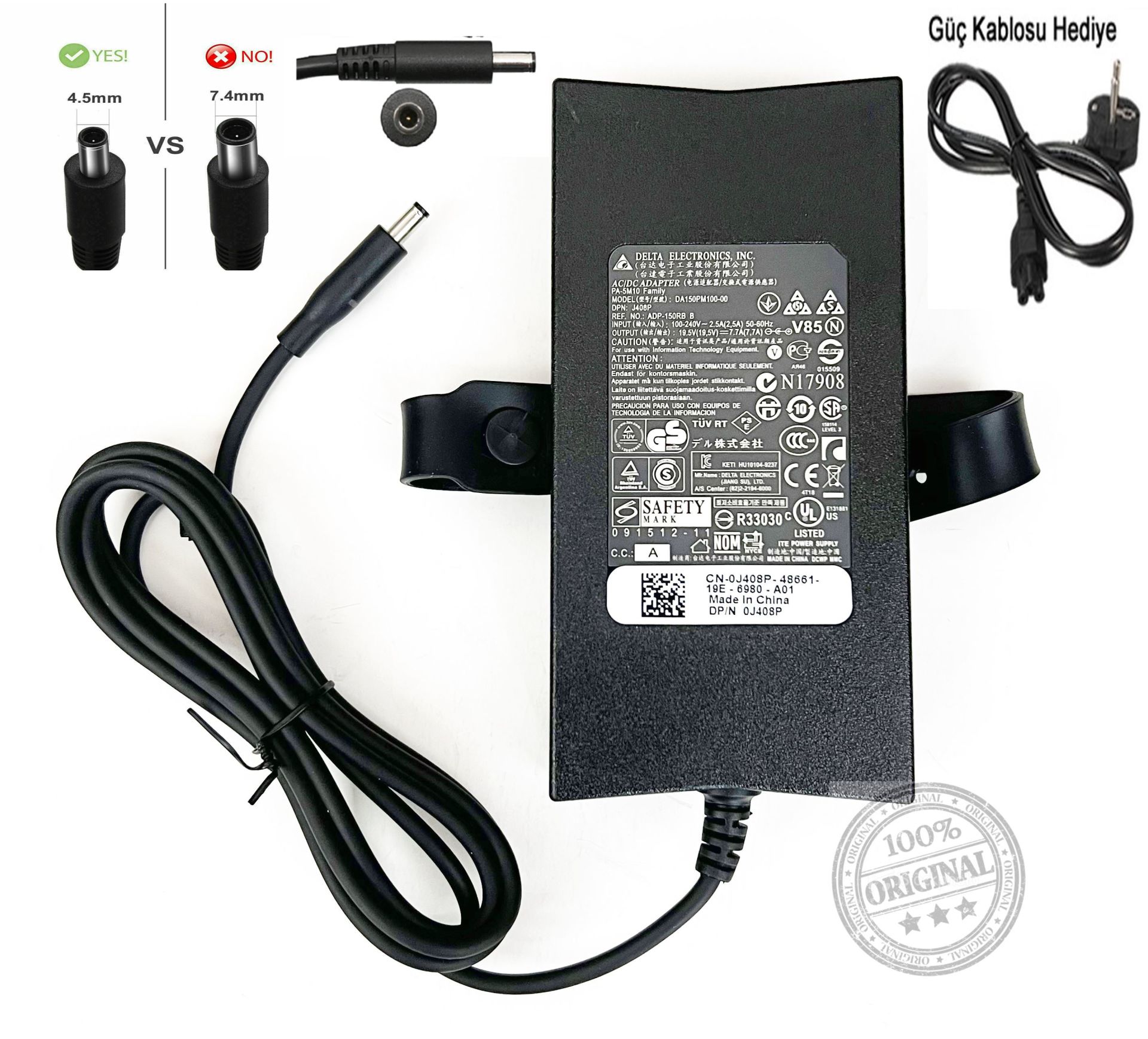 Dell Orjinal 19.5v 7.7A 150w 4.5x3.0mm Adaptör Şarj Cihazı XPS 15 9530/9550/9560/9570/7590;Precision M3800/5510/5520/5530;OptiPlex 3050 AIO/  DA130PM130, 06TTY6, 6TTY6, 332-1829, TX73F 06TTY6/0V363H/09TXK7/0RN7NW,  DA130PM130/ HA130PM130  DA130PE1-00